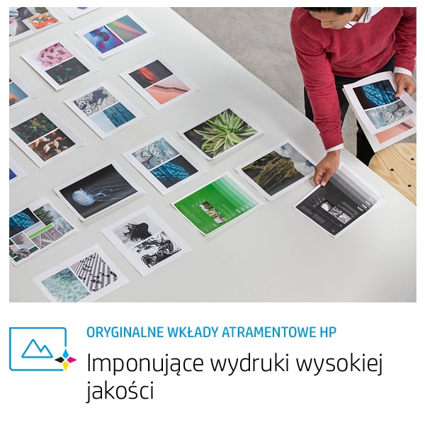 Mężczyzna sortuje wydruki na stole. Rozłożono wiele kolorowych i czarno-białych zdjęć.