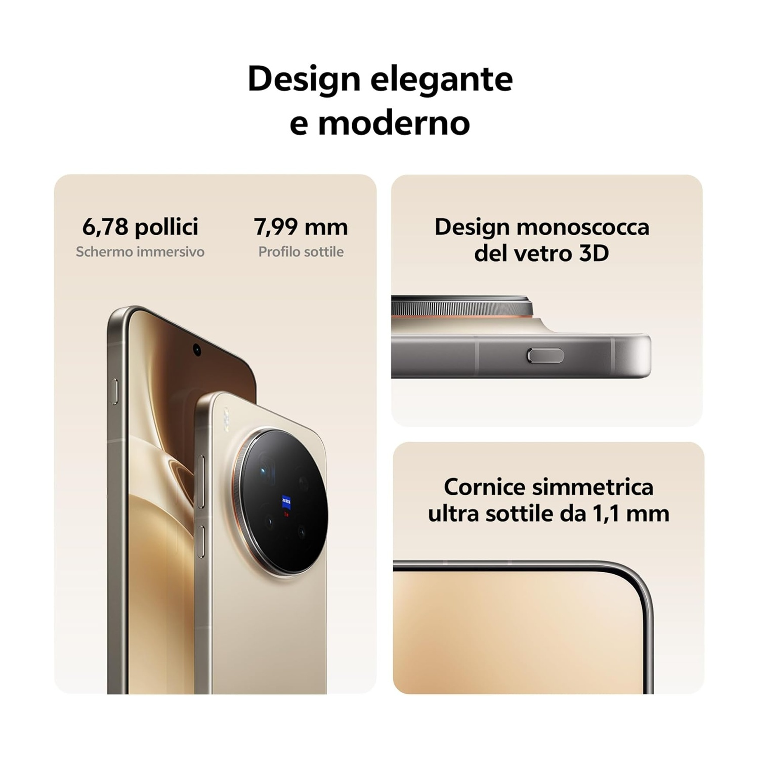 Elegante design moderno del telefono con vetro 3D e cornice da 1,1 mm.