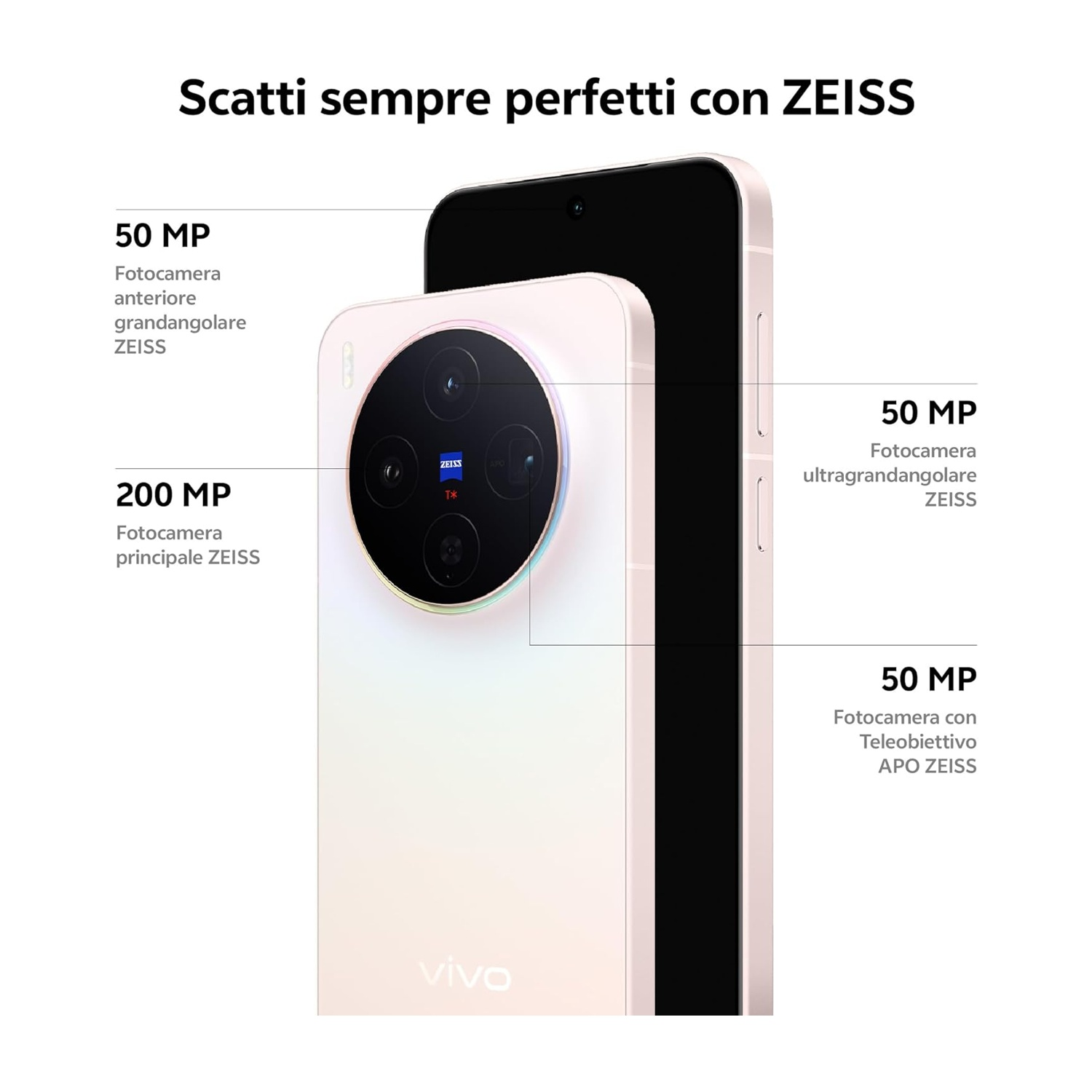 Immagine di uno smartphone con fotocamere ZEISS: 50MP grandangolo, 200MP principale, 50MP ultra grandangolo, 50MP teleobiettivo.
