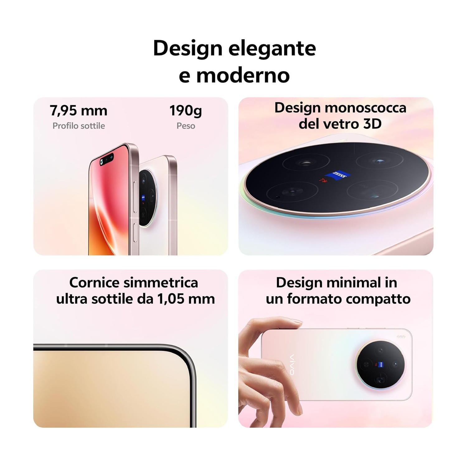 Design elegante e moderno: profilo sottile, 190g, unibody in vetro 3D.