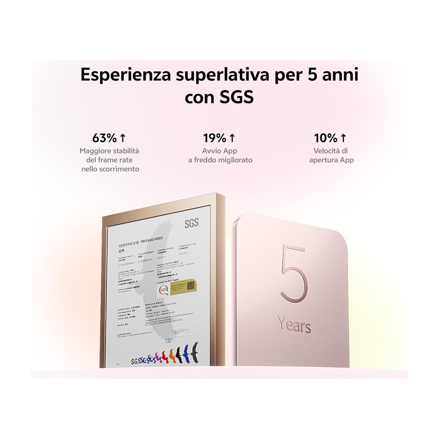 Certificato e dispositivo rosa con la scritta '5 Anni'.