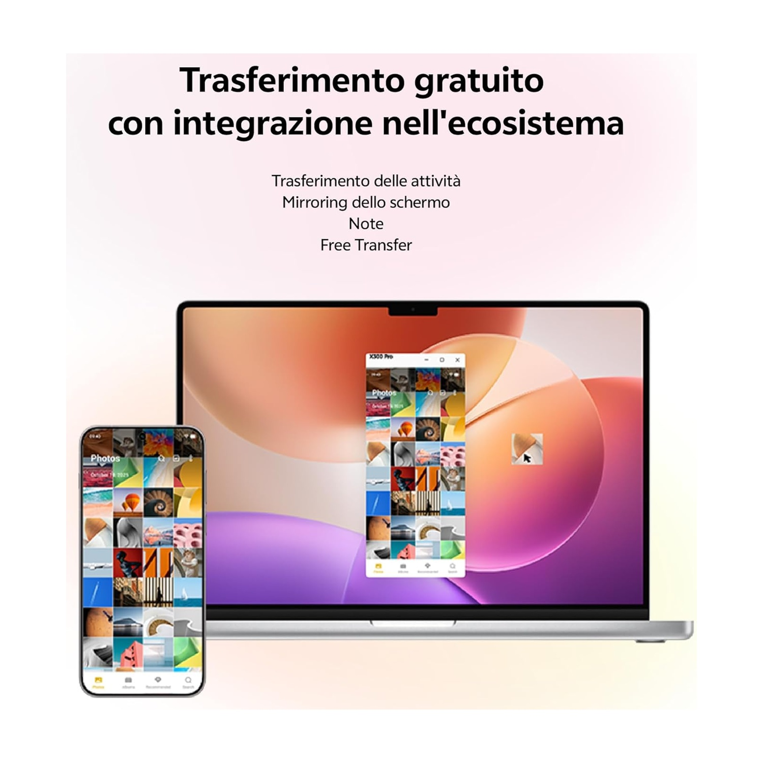 Uno smartphone e un laptop mostrano foto. Trasferimento gratuito nell'ecosistema.