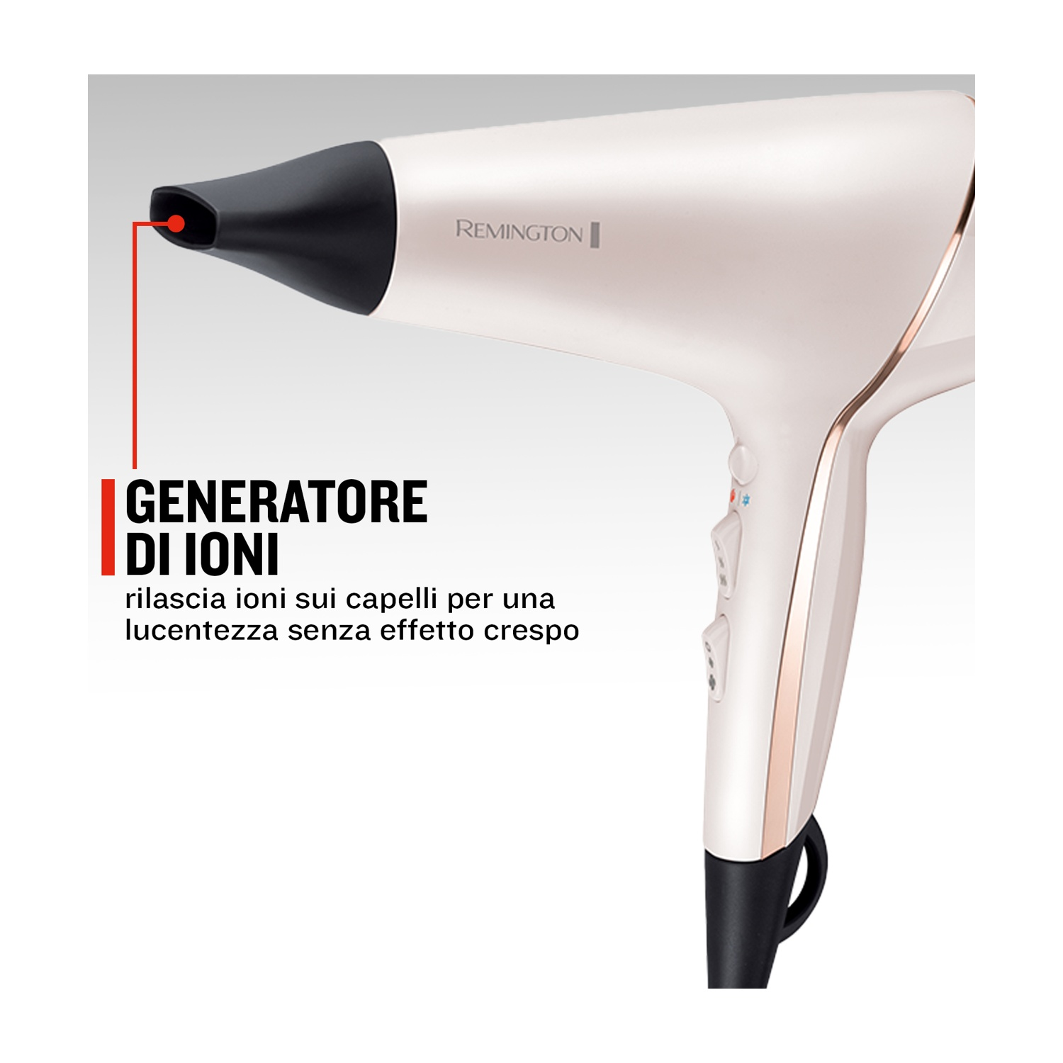 Un asciugacapelli Remington bianco con beccuccio nero e dettagli oro rosa.
