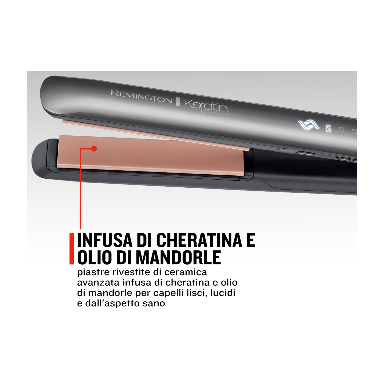 Piastra Remington con rivestimento cheratina e olio mandorle, display digitale.