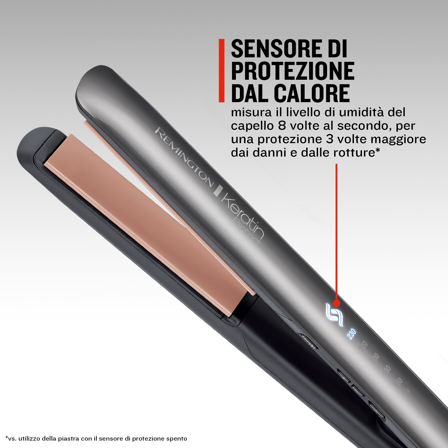 Una piastra per capelli Remington grigia con piastre color oro rosa. Un punto rosso evidenzia il sensore.