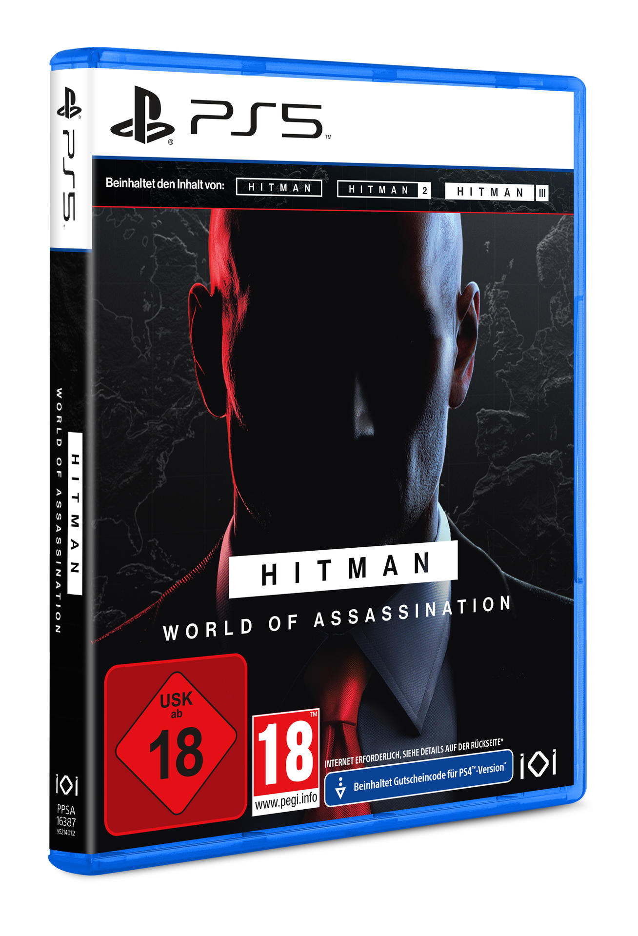 Pudełko gry PlayStation 5: Hitman World of Assassination z kategorią wiekową 18.