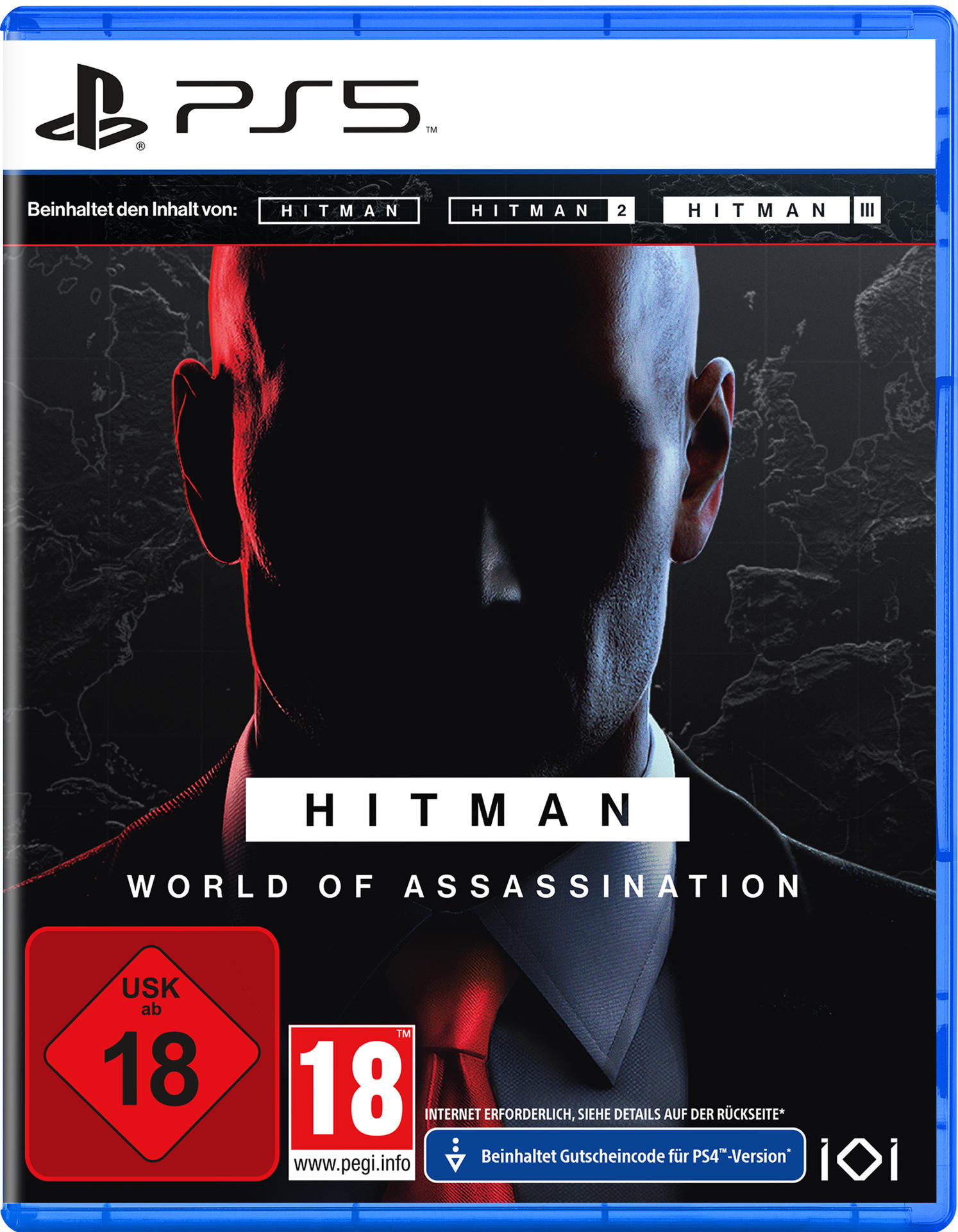 Pudełko Hitman World of Assassination PS5 z Agentem 47.