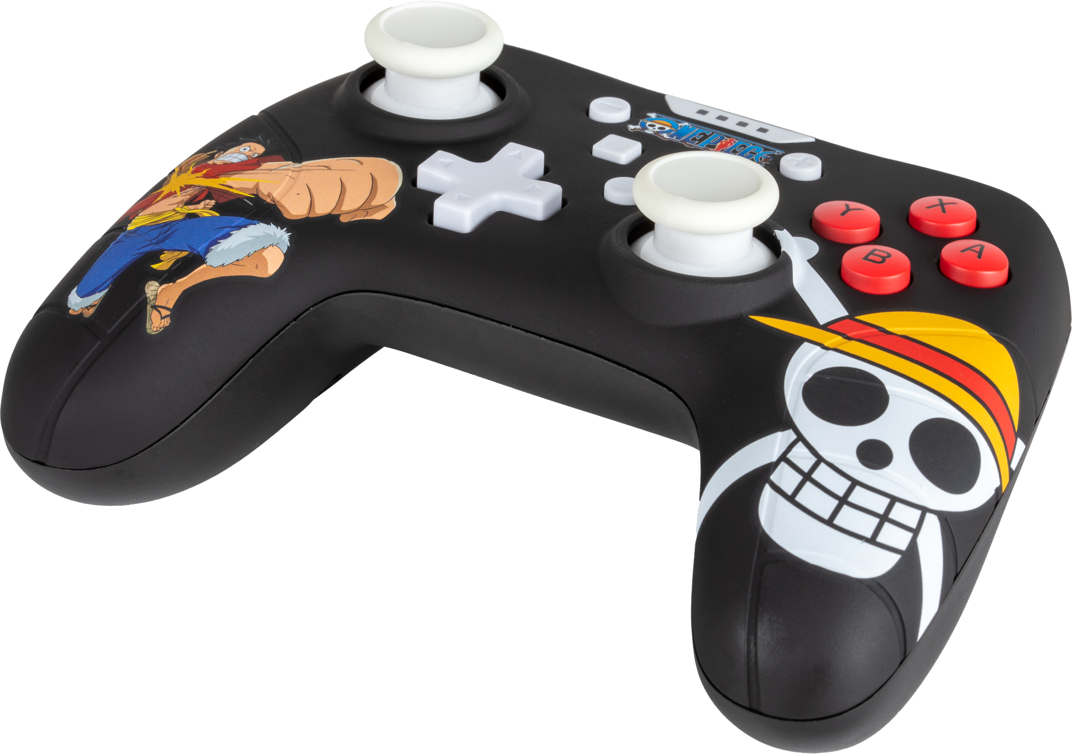Fekete kontroller One Piece grafikával: Luffy és Jolly Roger embléma.