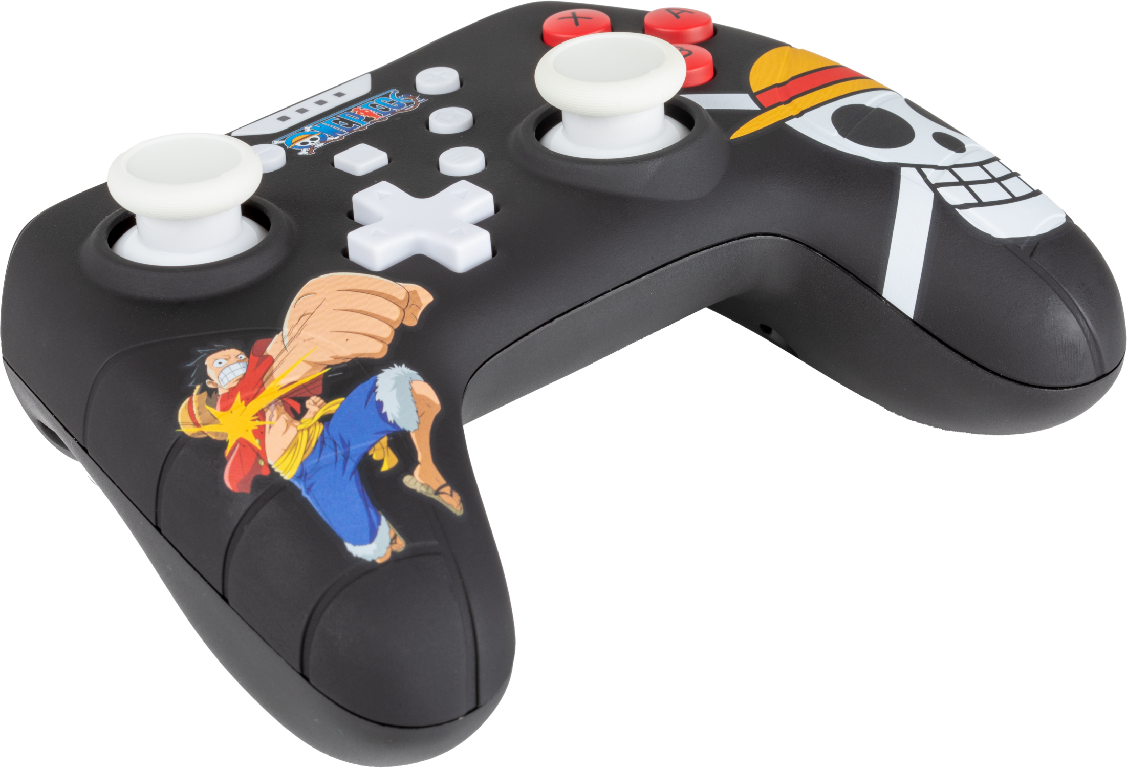 Fekete játékkontroller One Piece grafikával, Luffyvel és koponyával.