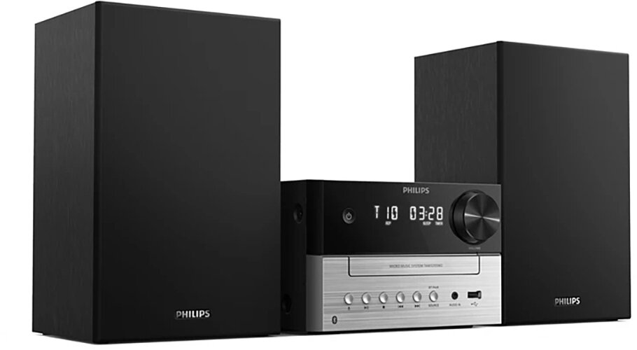 Czarny system mikro muzyczny Philips z dwoma głośnikami. Wyświetlacz pokazuje 03:28.