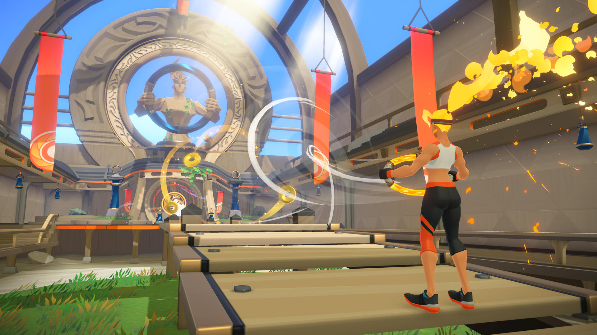 Kobieta z żółtymi włosami trenuje z pierścieniem na futurystycznej arenie.