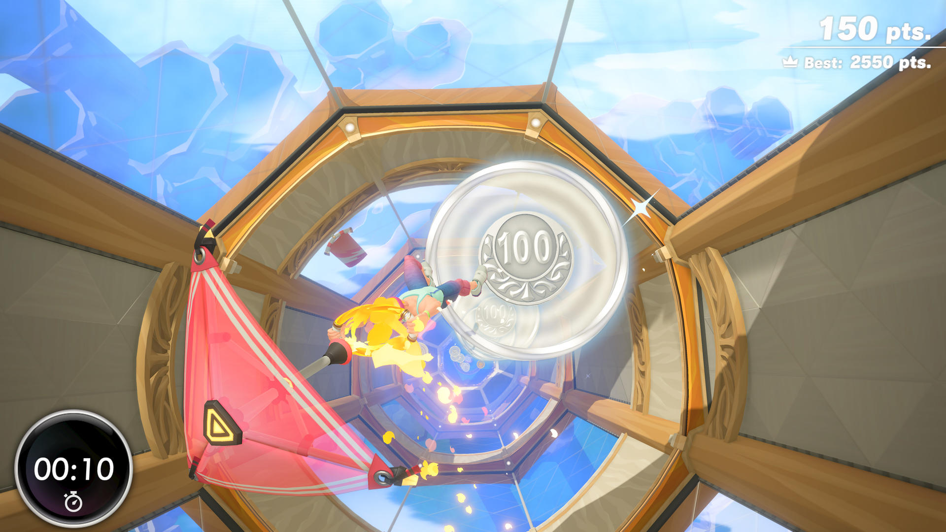 Postać leci przez tubę z czerwoną żaglówką, zbierając punkty.