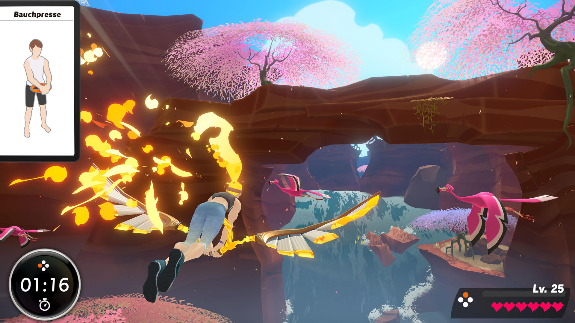 Postać leci przez kanion z flamingami i ogniem.