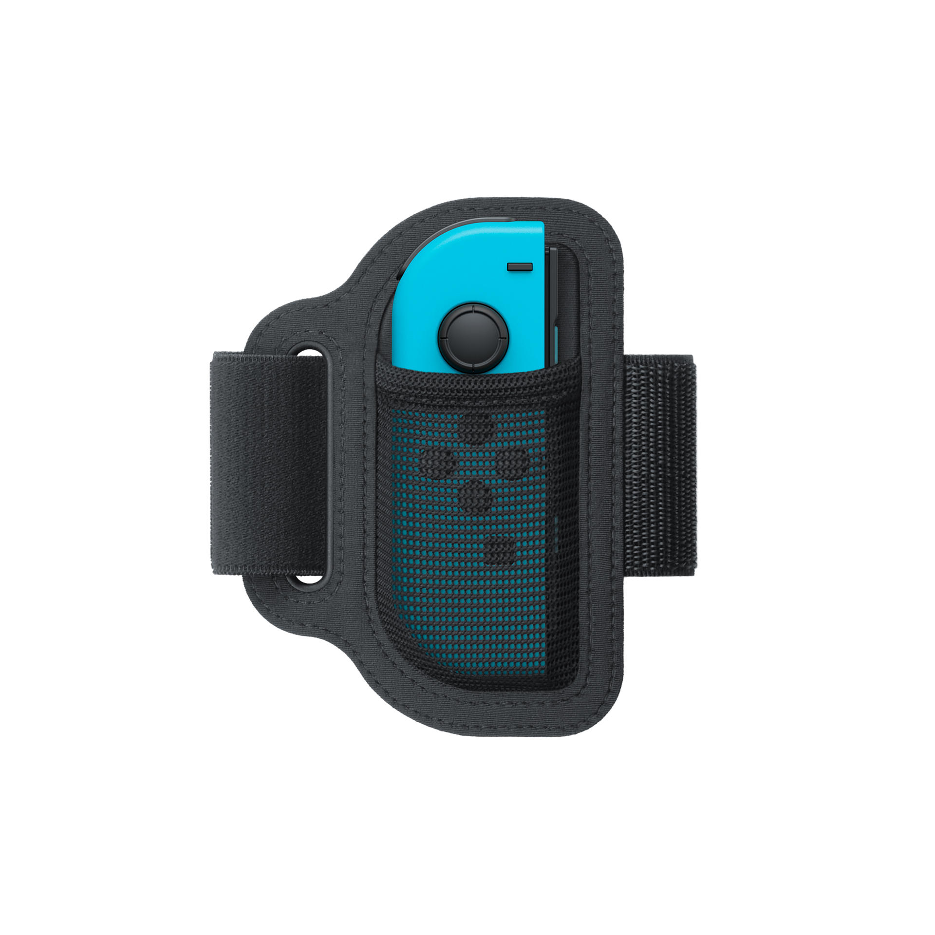 Niebieski Joy-Con Nintendo Switch w czarnej opasce na ramię z siatką.