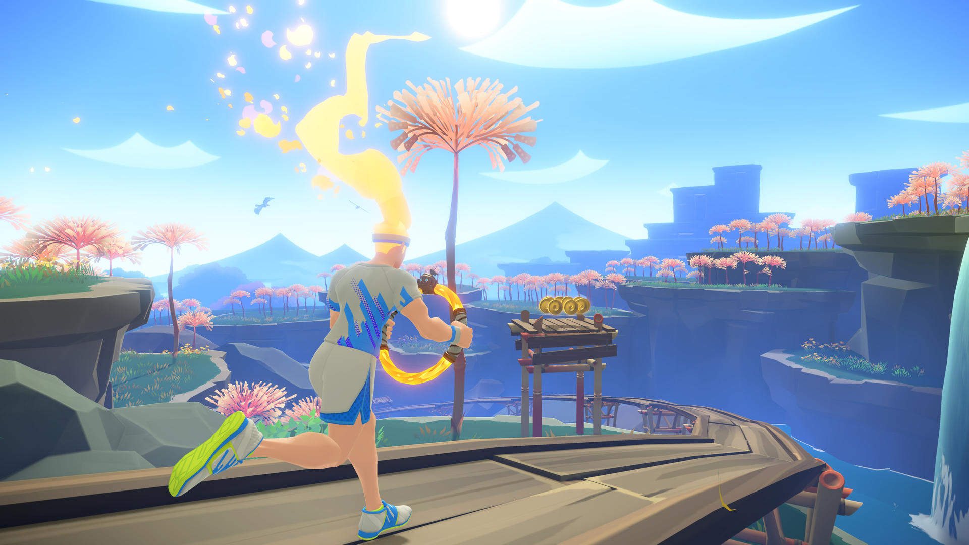 Osoba z żółtymi włosami biegnie w fantastycznym krajobrazie z drzewami.