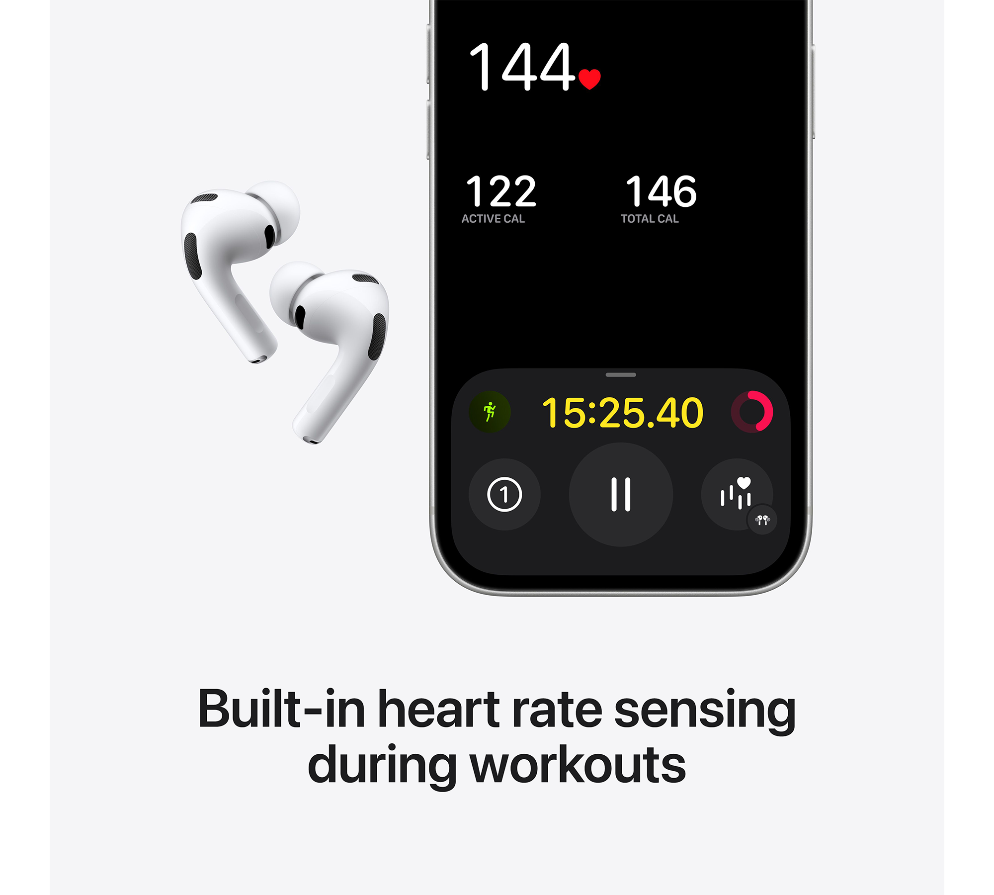 Fehér AirPods Pro iPhone mellett, amely pulzusadatokat jelenít meg.