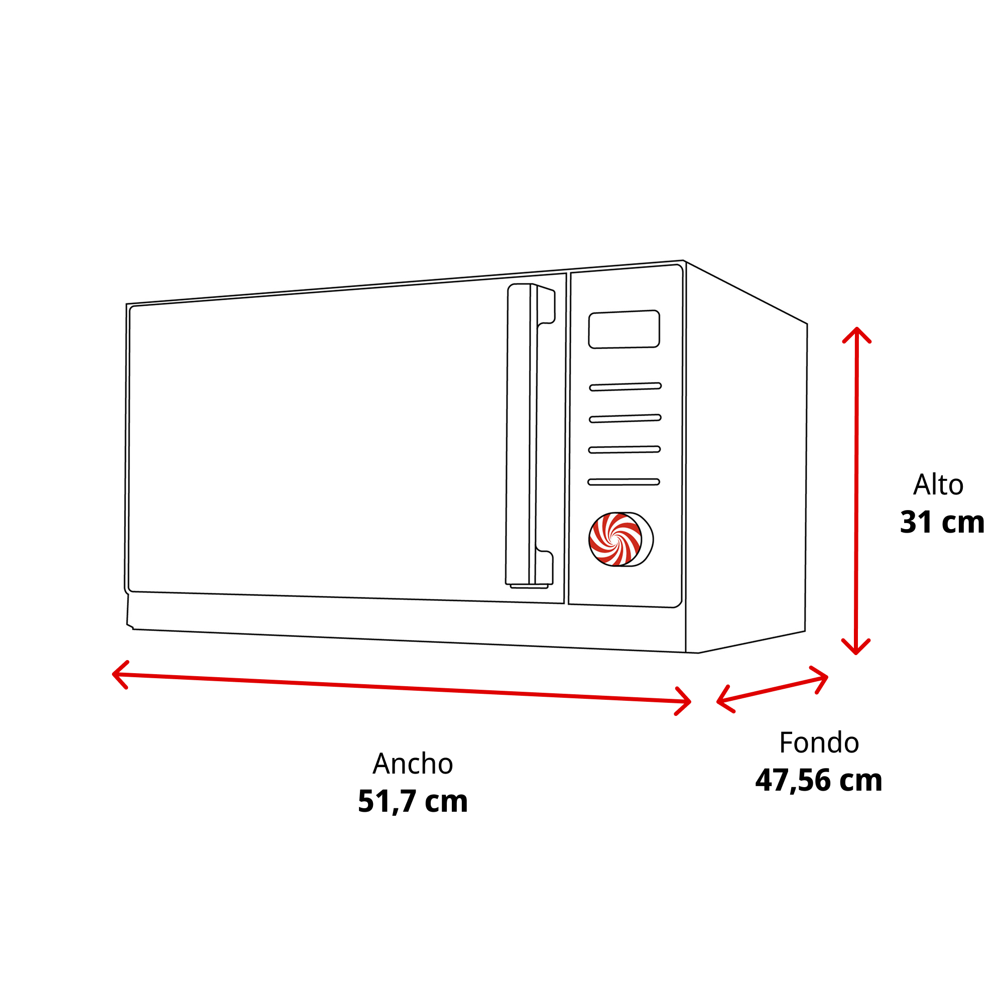 Boceto de microondas con medidas: Alto 31 cm, Ancho 51,7 cm, Fondo 47,56 cm.