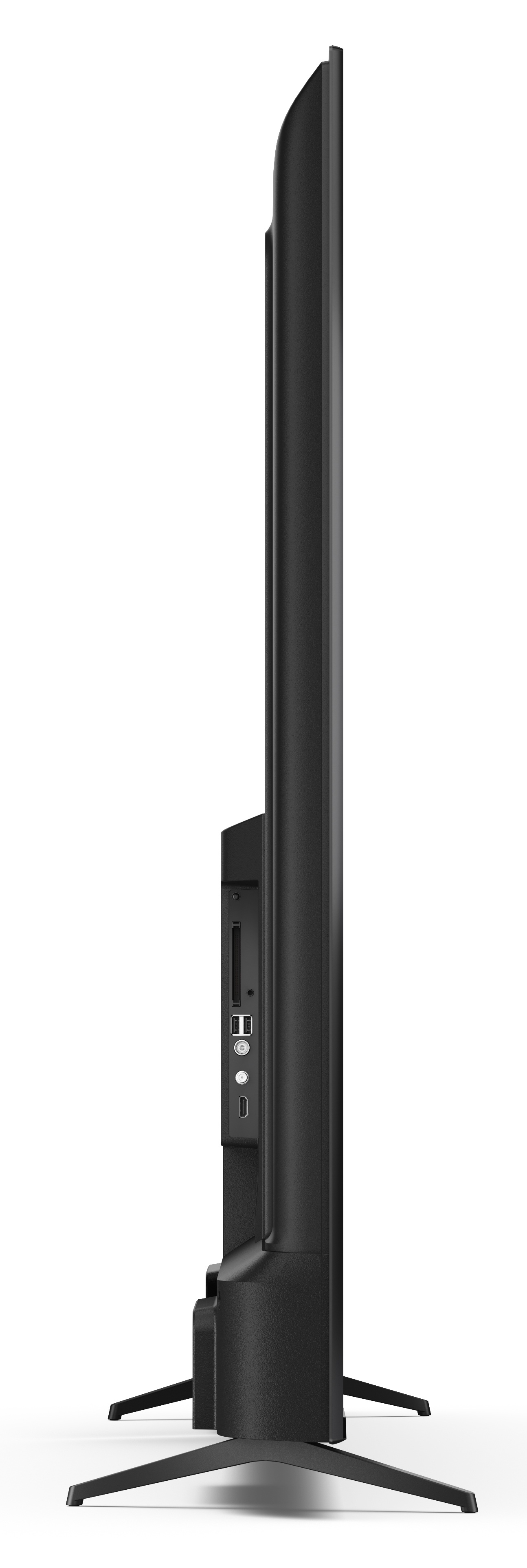 Czarny telewizor z profilu, pokazujący porty i podstawę.