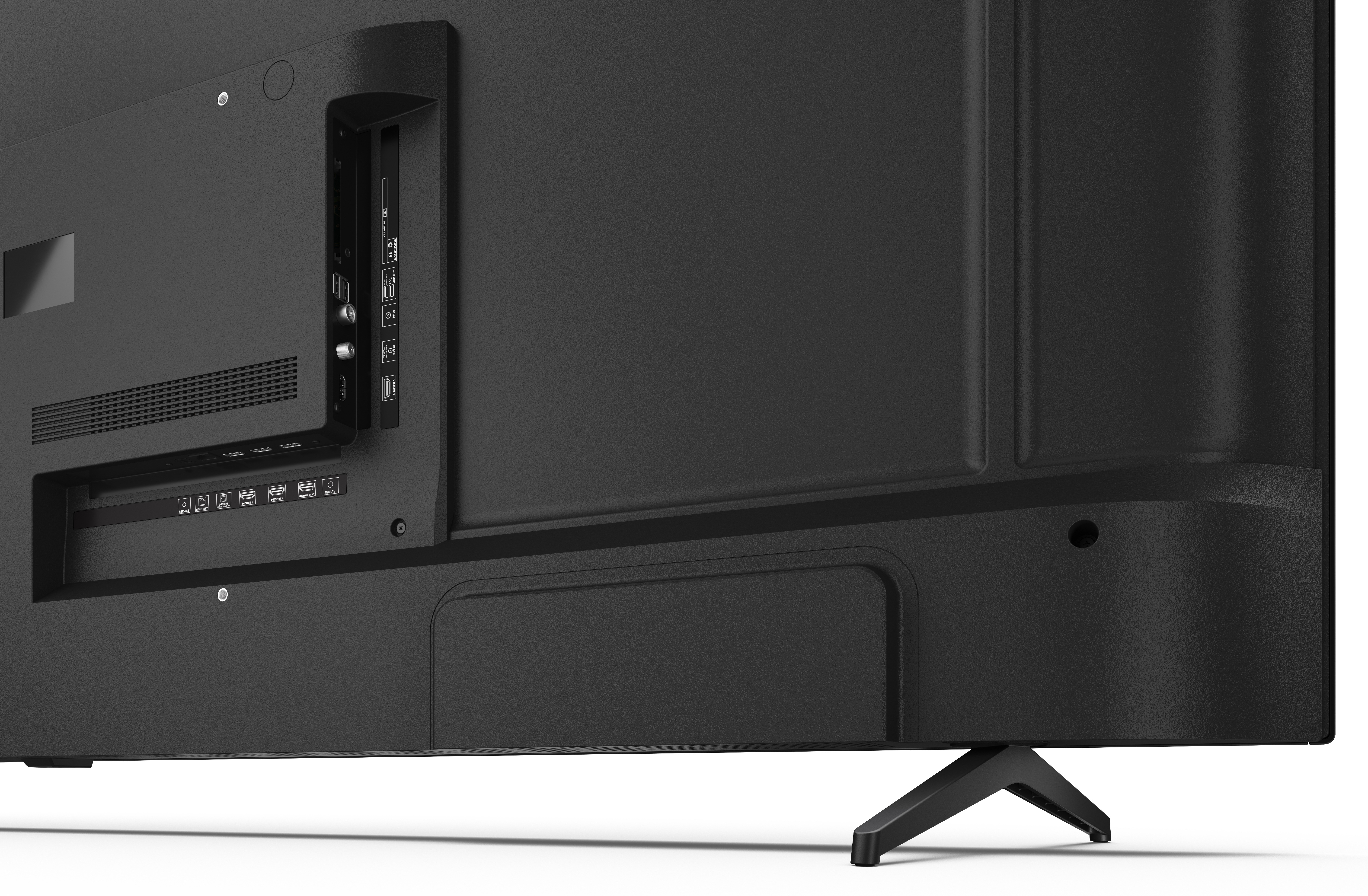Tył czarnego telewizora z portami i podstawką.