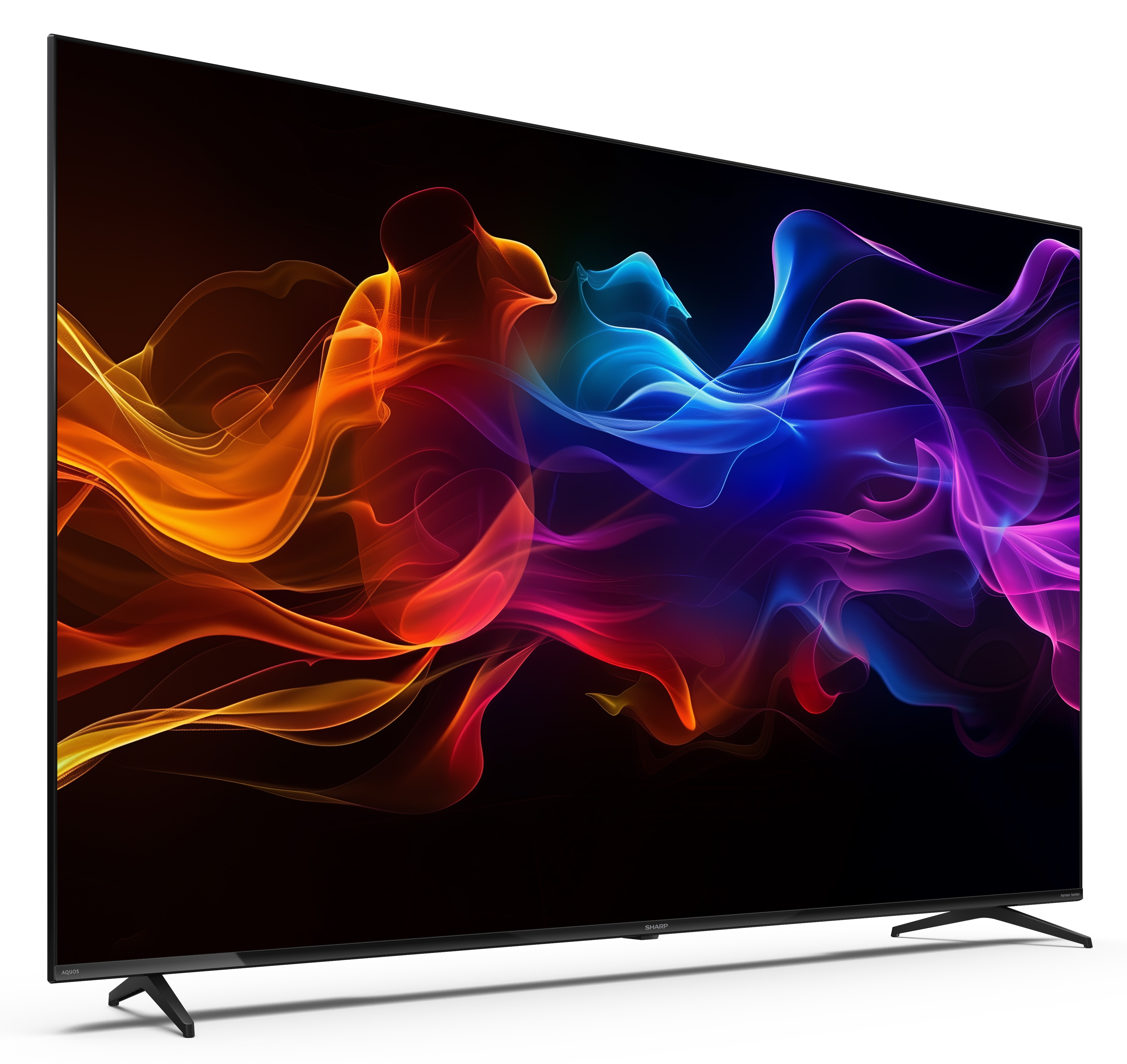 Nowoczesny telewizor wyświetlający żywe, wirujące efekty świetlne w kolorach pomarańczowym, niebieskim i fioletowym.