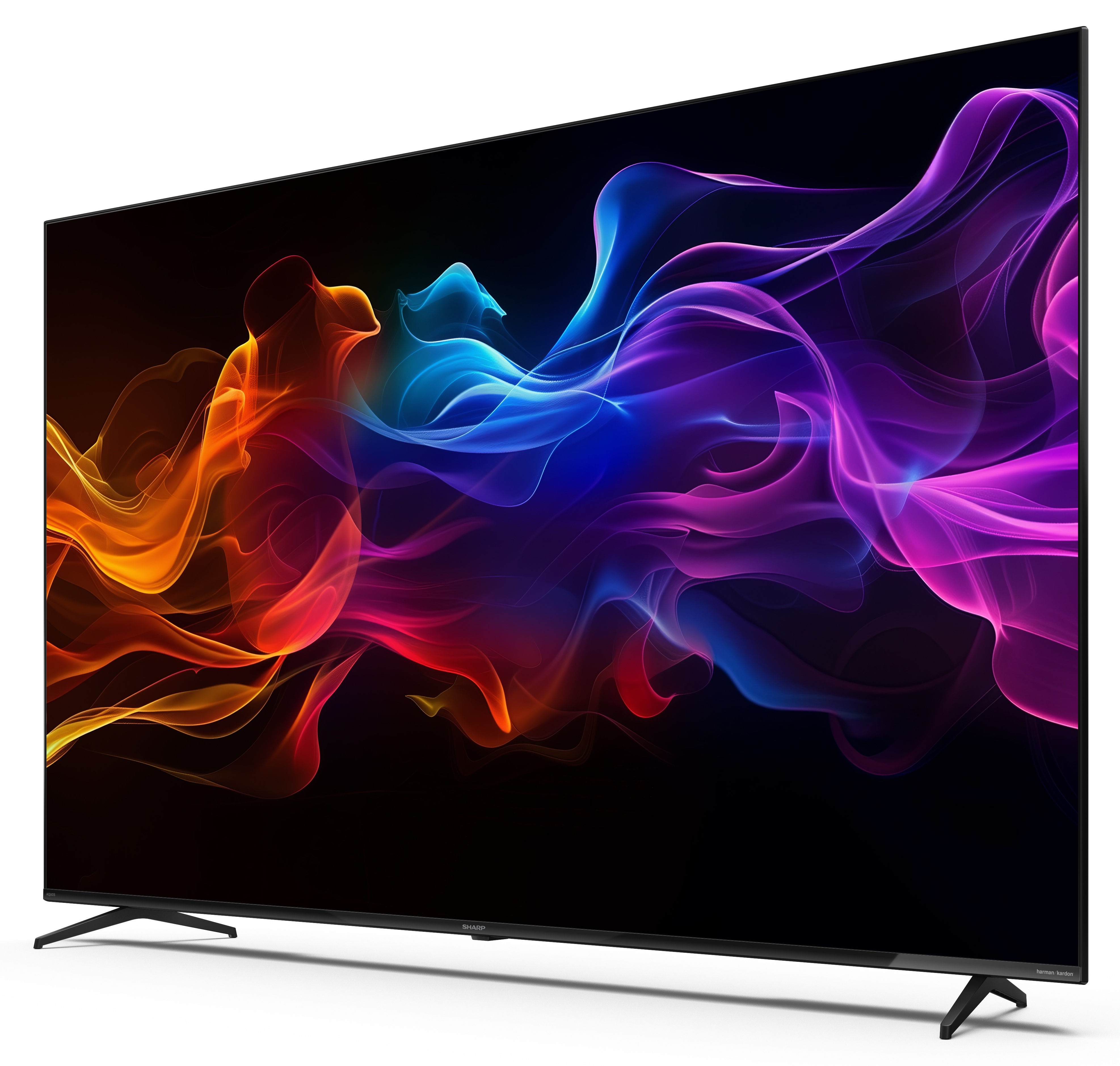 Nowoczesny telewizor z płaskim ekranem wyświetla dynamiczny, kolorowy wzór dymu.