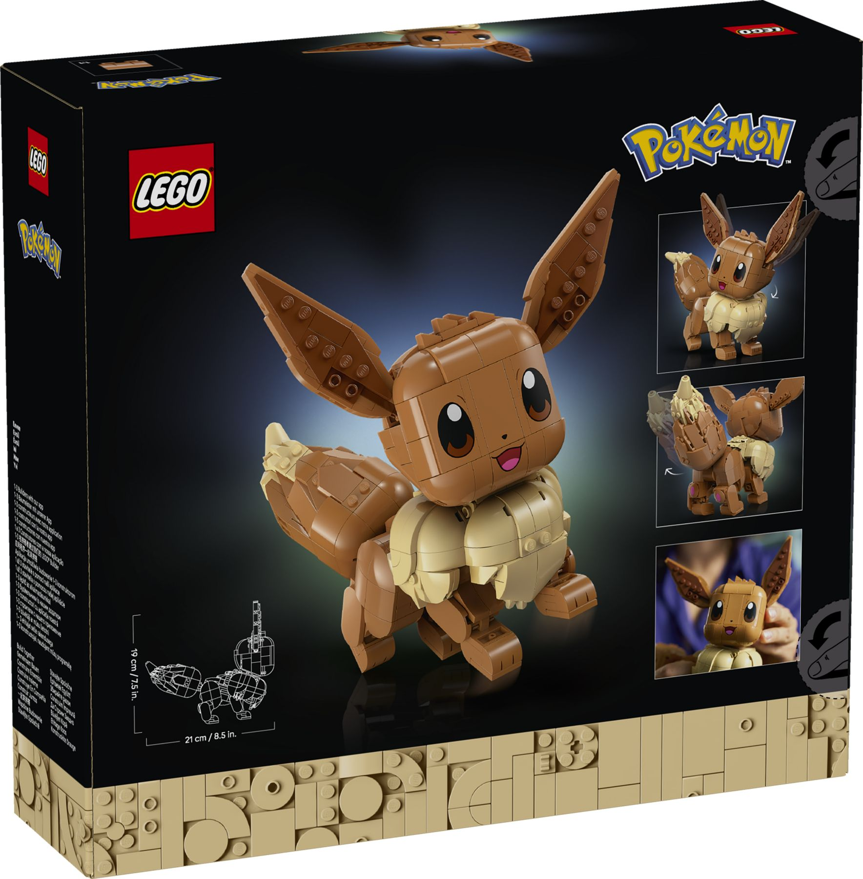Brązowy zestaw Lego Eevee Pokémon z logo Pokémon i Lego.