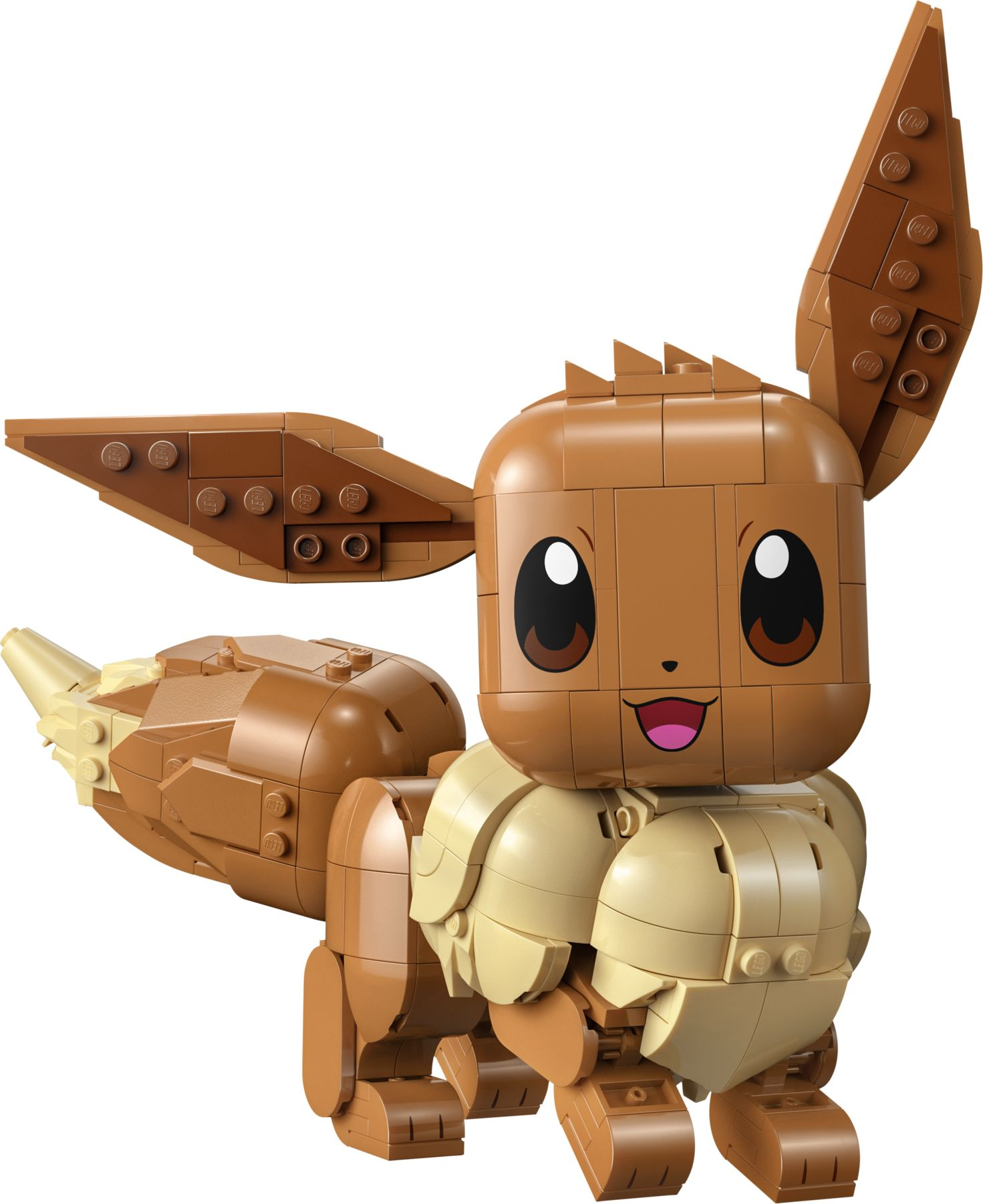 Brązowe Lego Eevee z dużymi oczami i szerokim uśmiechem.