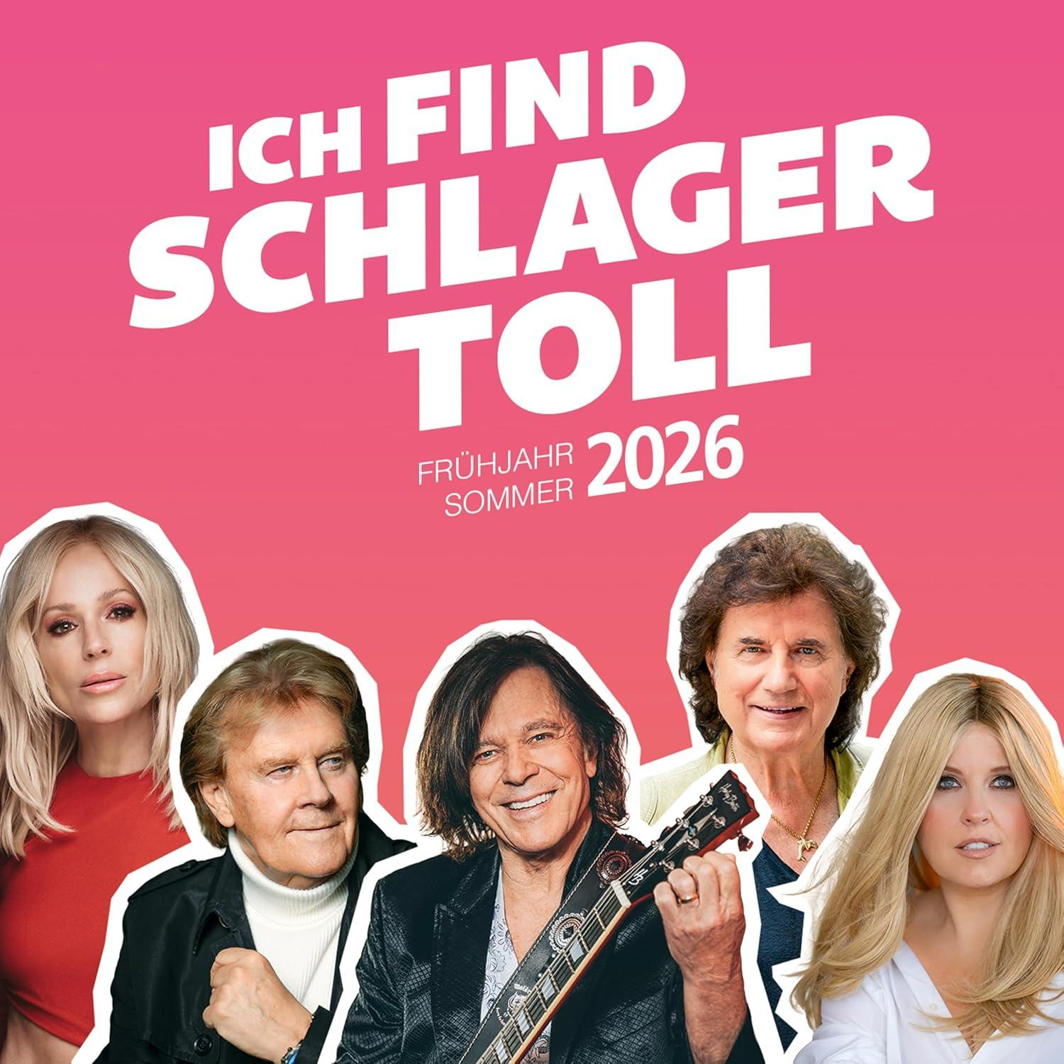 Fünf Schlagerstars auf pinkem Hintergrund, mit Text 