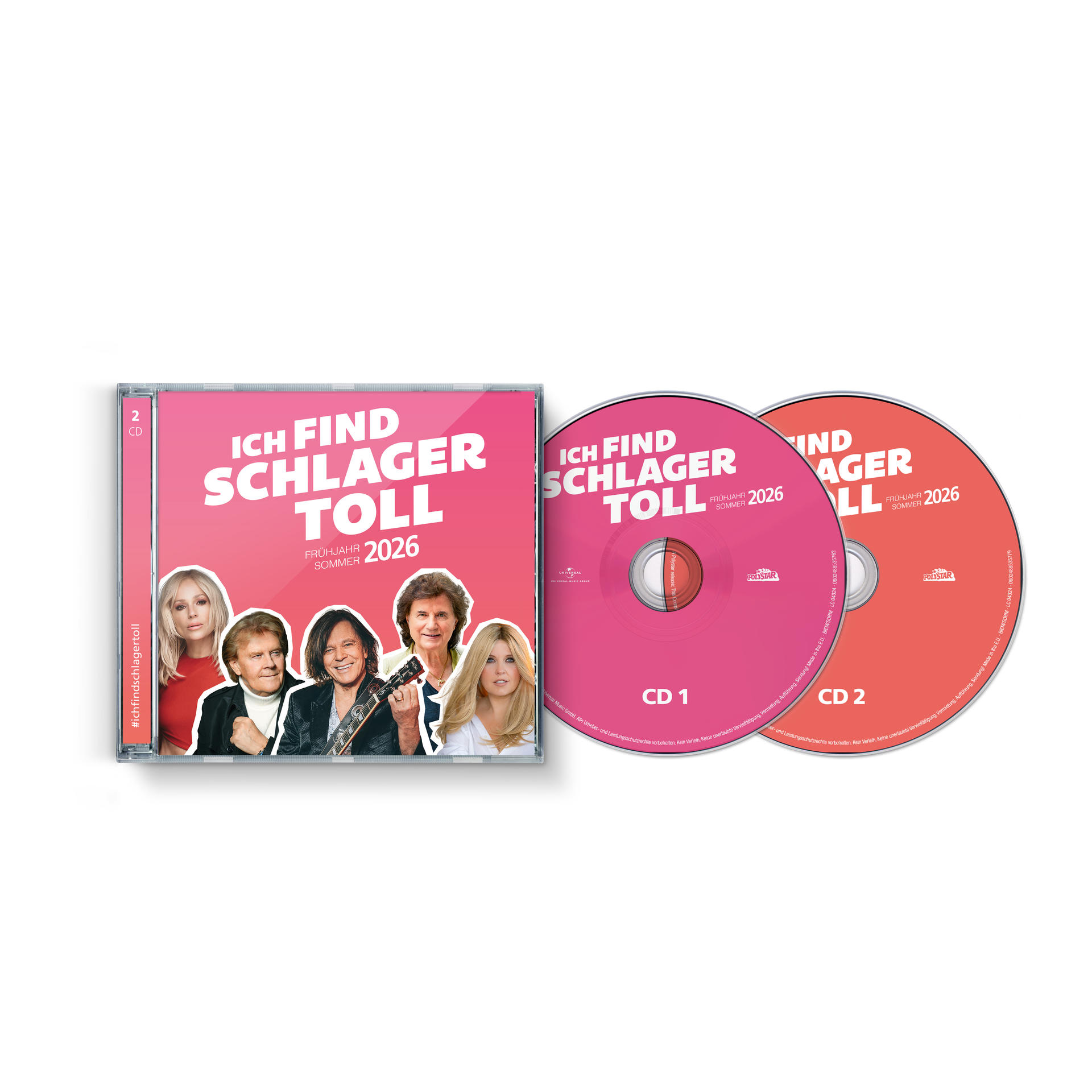 CD-Cover mit vier Schlagerkünstlern und zwei CDs. Hintergrund: pink.