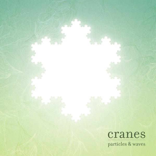 Grüner Hintergrund mit weißer Fraktalform und Text „cranes particles & waves“.