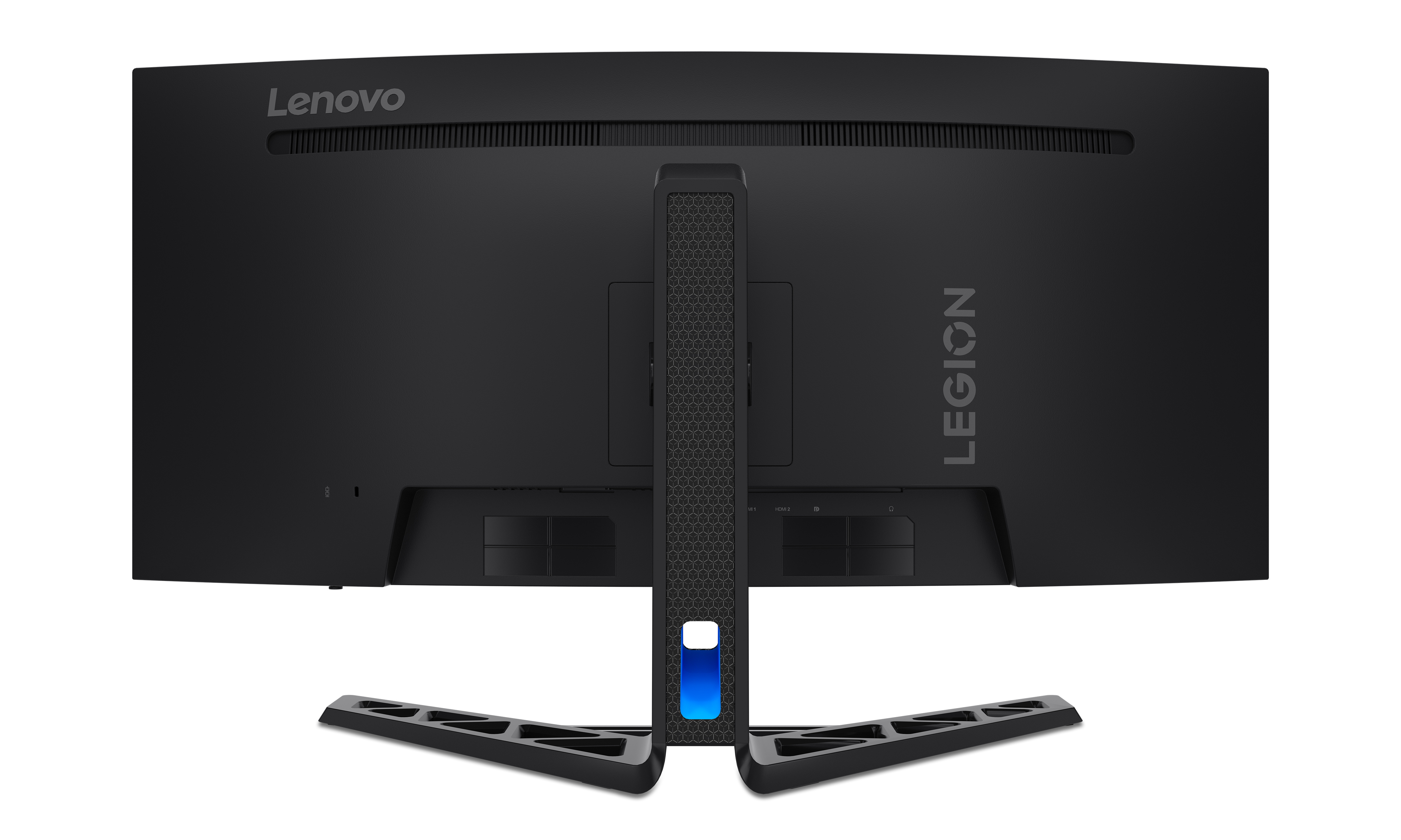 Tył czarnego monitora Lenovo Legion z portami i detalami niebieskiego podświetlenia.