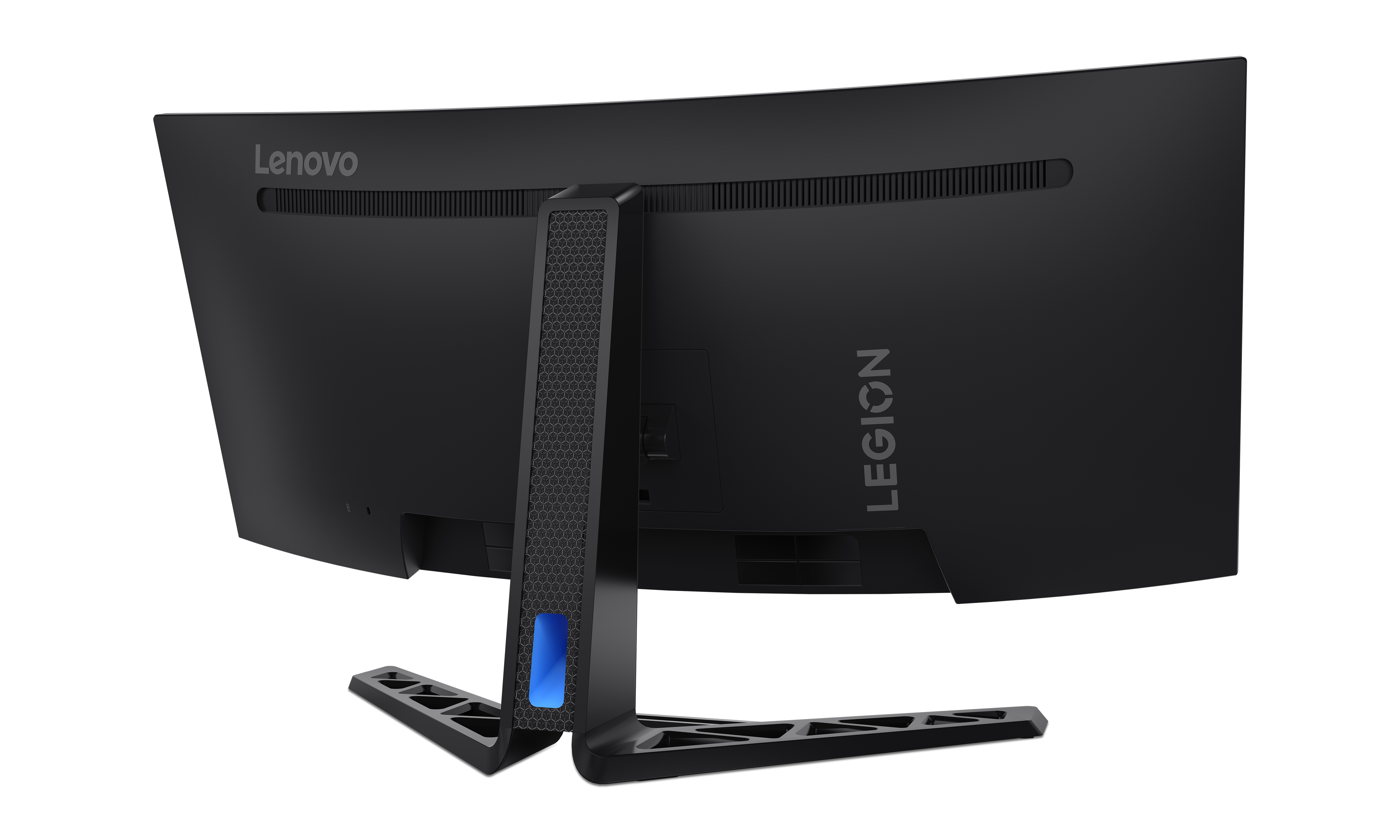 Tył zakrzywionego czarnego monitora Lenovo Legion z niebieskim podświetleniem.