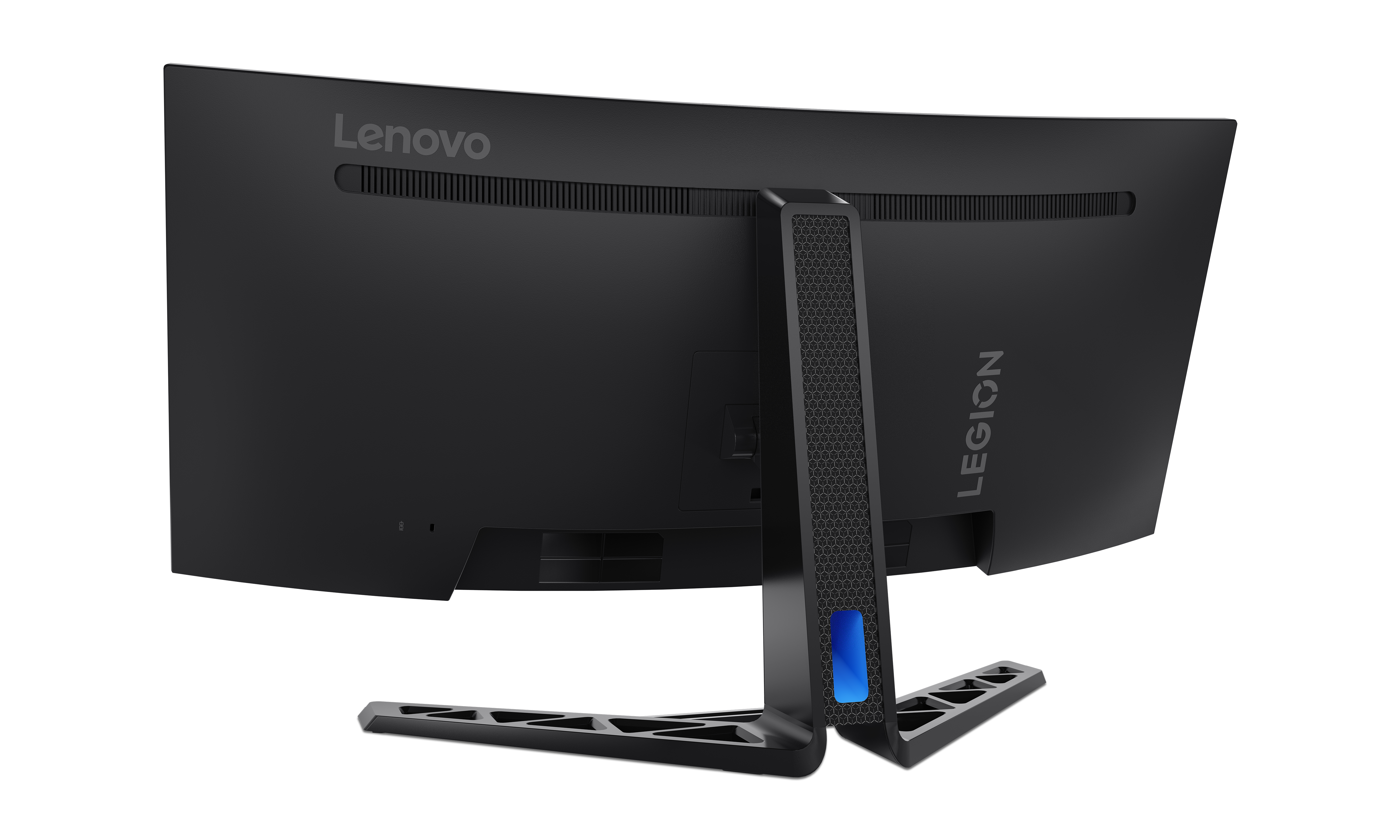 Tył czarnego monitora Lenovo Legion ze srebrną podstawą i niebieskim podświetleniem.