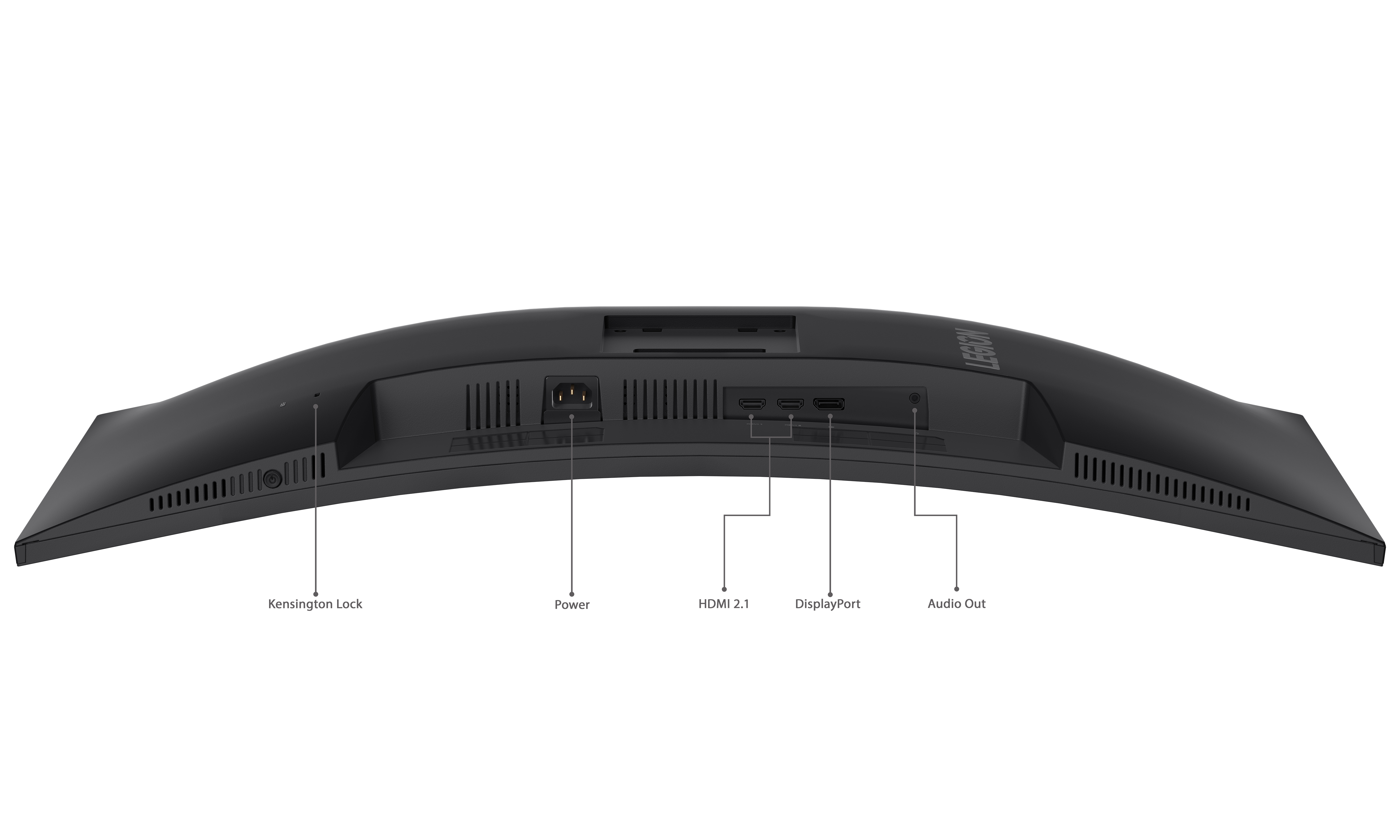 Tył monitora z portami: Blokada Kensington, Zasilanie, HDMI 2.1, DisplayPort, Wyjście audio.