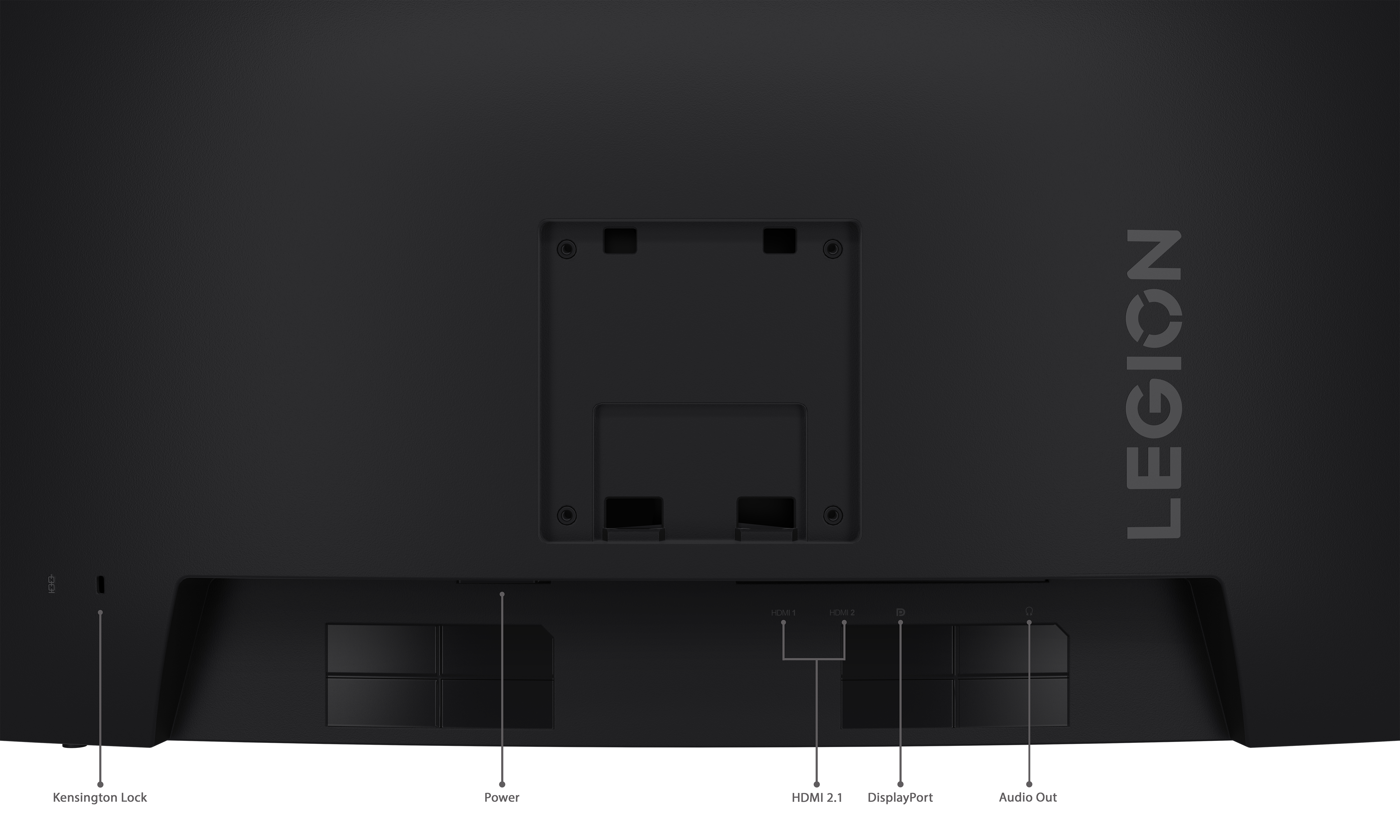 Tył czarnego monitora z portami: Kensington Lock, Power, HDMI, DisplayPort i wyjście audio.