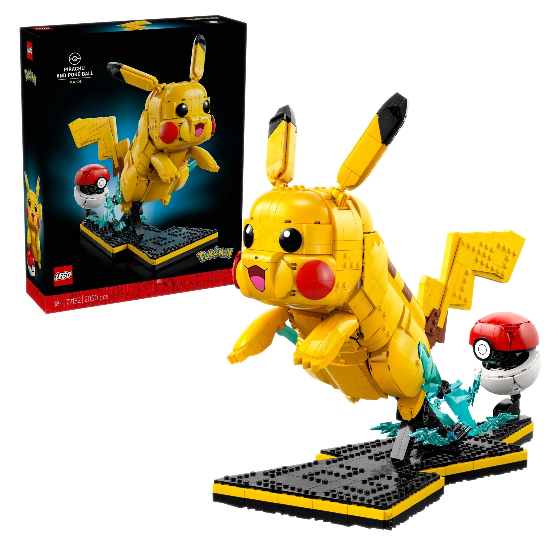 Żółty Lego Pikachu skacze z Poké Ballem i niebieskimi efektami energii.