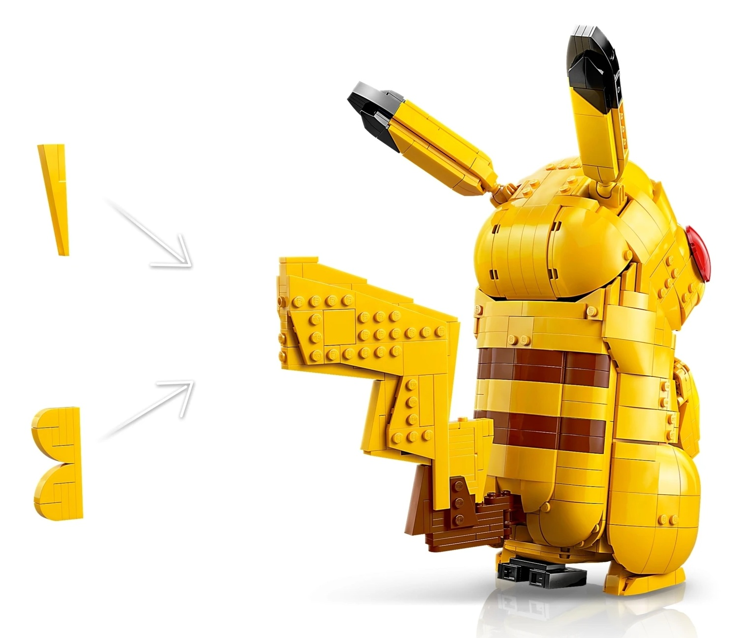 Żółty zestaw Lego Pikachu z osobnymi częściami i strzałkami.