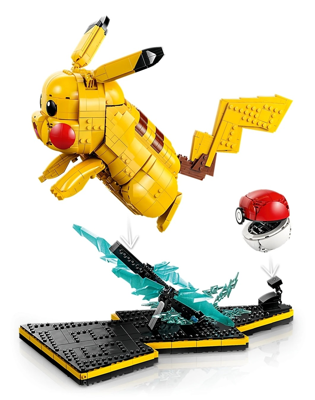 Żółty zestaw Lego Pikachu z błyskawicą i Pokeballem na czarnej podstawie.