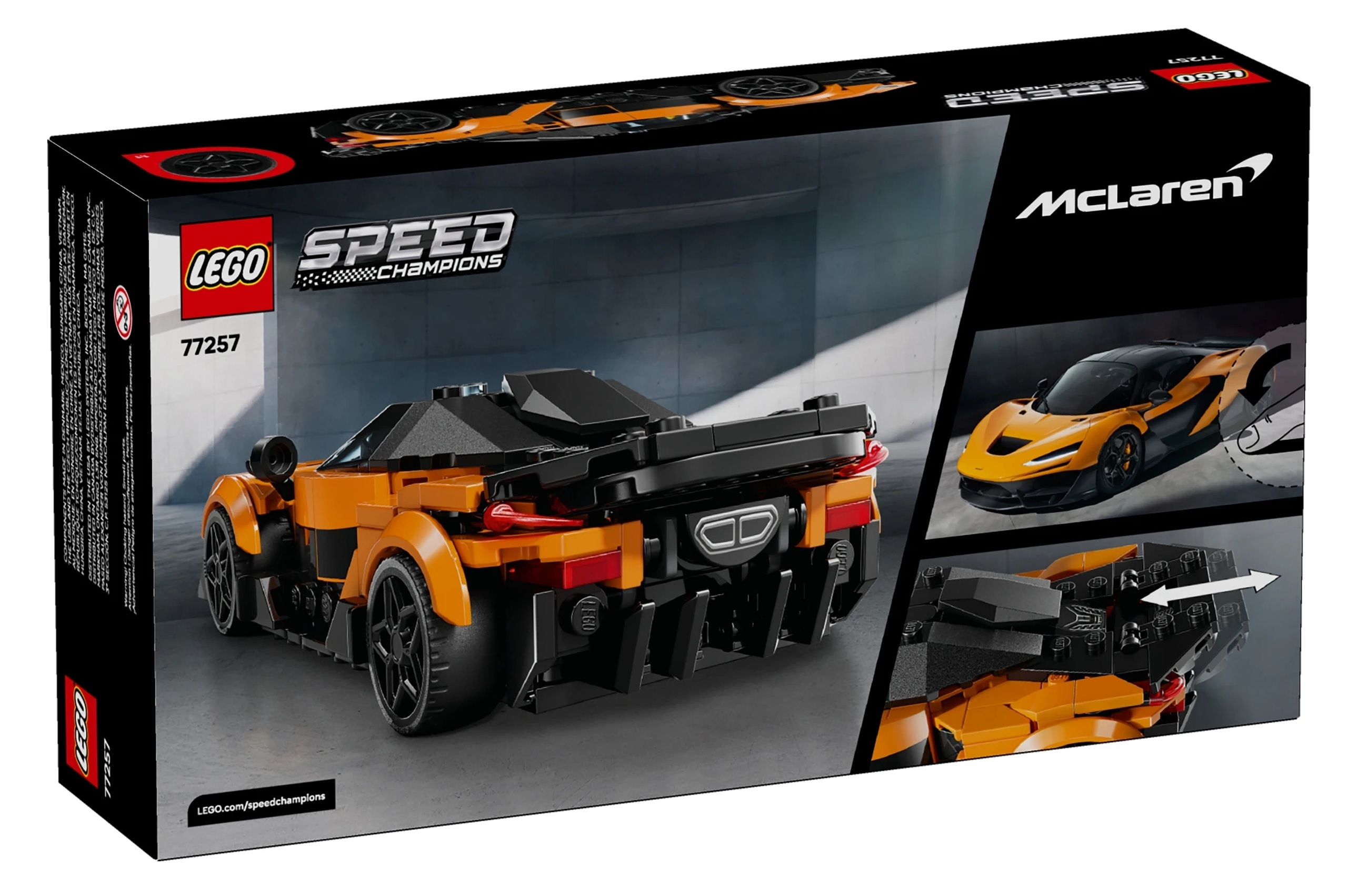 Opakowanie pomarańczowo-czarnego samochodu Lego McLaren Speed Champions.