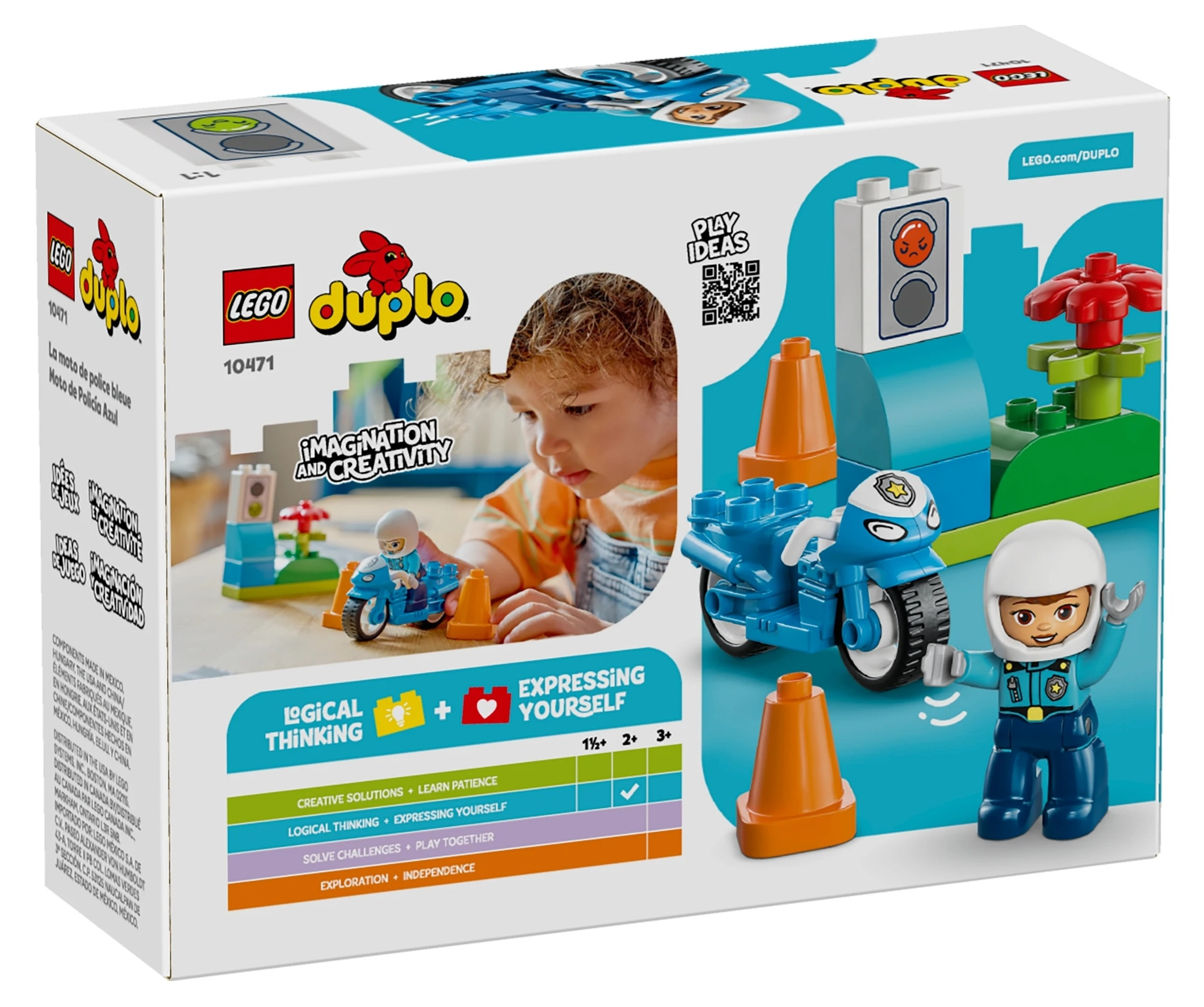 Zestaw LEGO Duplo z motocyklem policyjnym, policjantem i sygnalizacją świetlną.