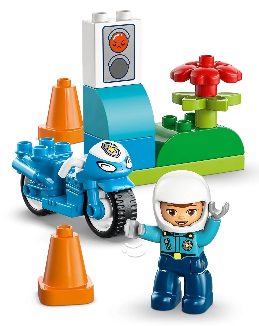 Policjant z motocyklem, pachołkami i sygnalizatorem świetlnym z klocków.