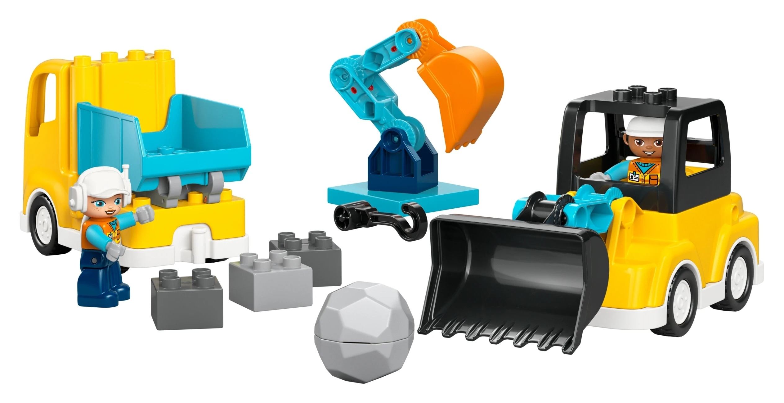 Kolorowe klocki konstrukcyjne: ciężarówka, koparka, figurki, skały i klocki.