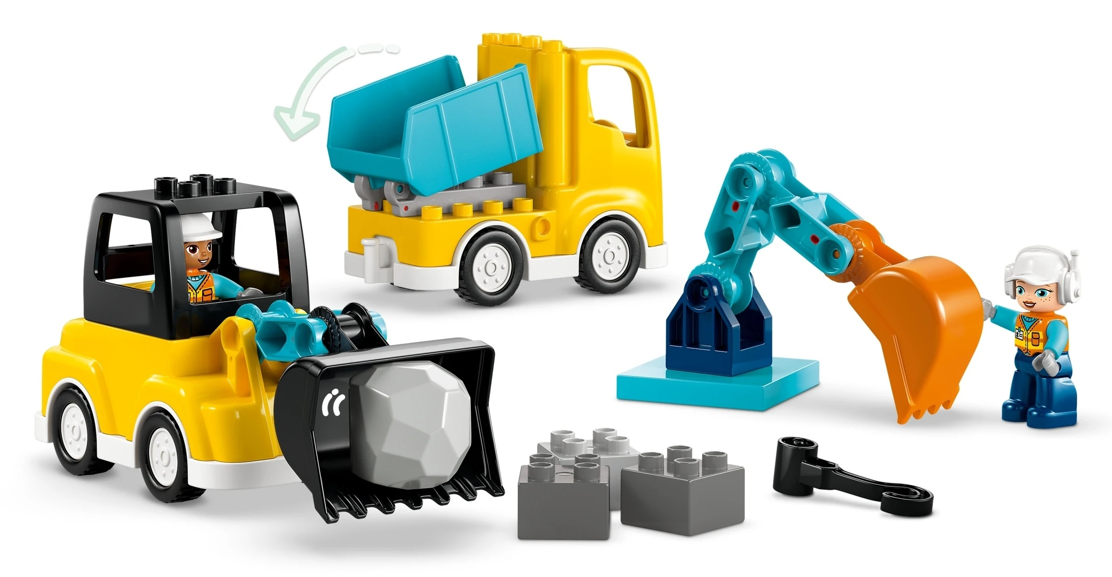 Żółta koparka z kamieniem, wywrotka, koparka i dwaj budowlańcy.