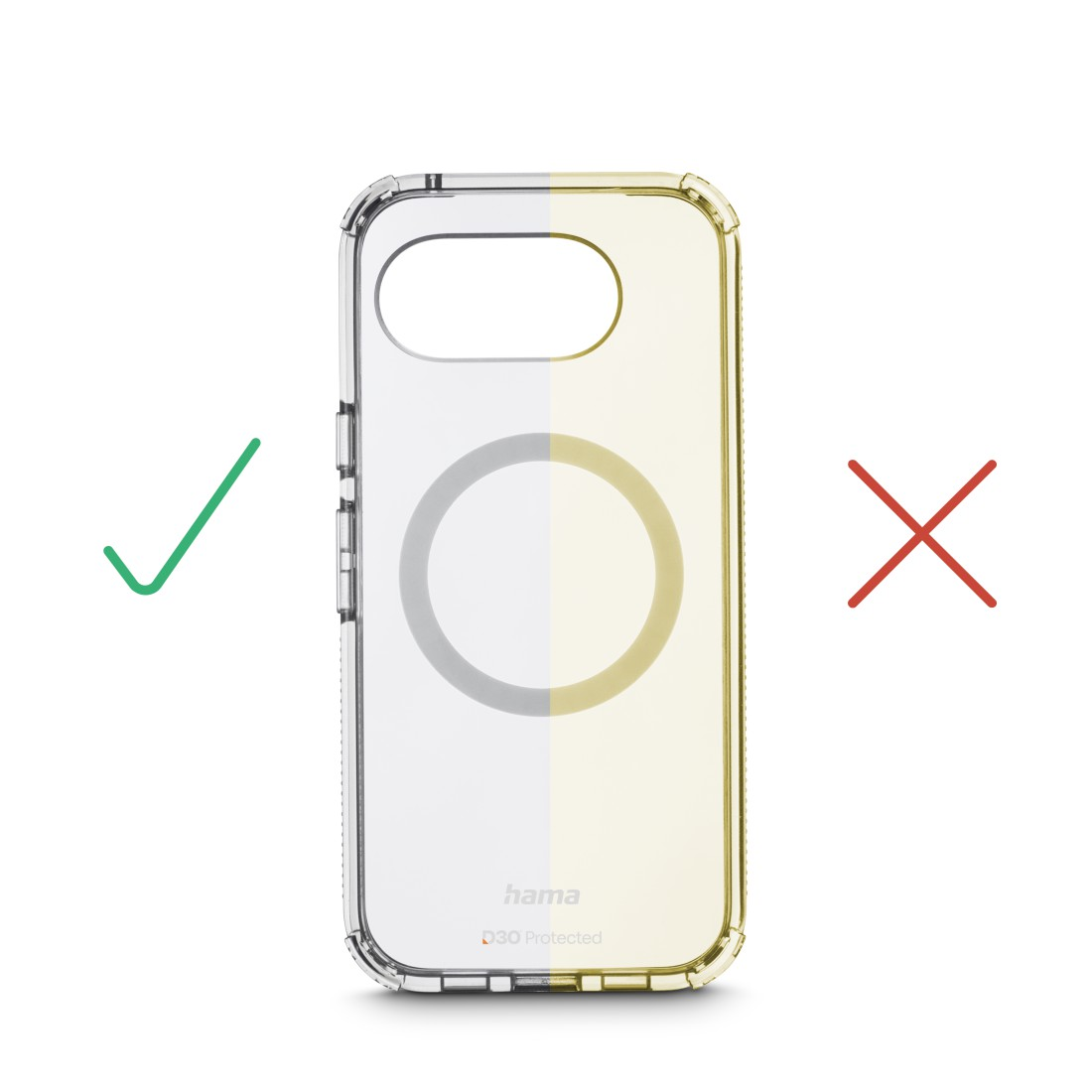 Transparente Handyhülle mit MagSafe-Ring, links ein Häkchen, rechts ein Kreuz.