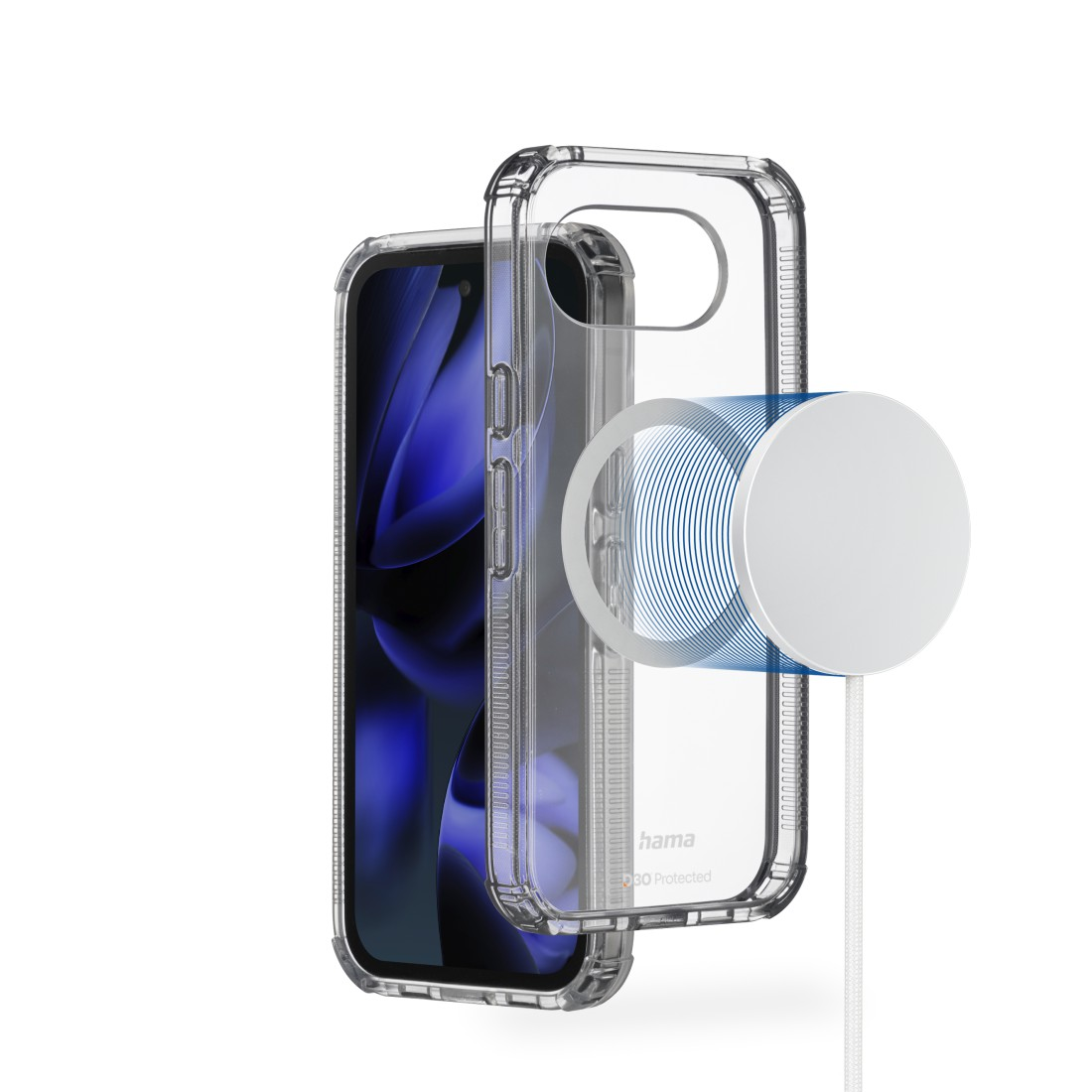 Ein durchsichtiges Handyhülle mit einem weißen Ladekabel und blauem Wirbel.