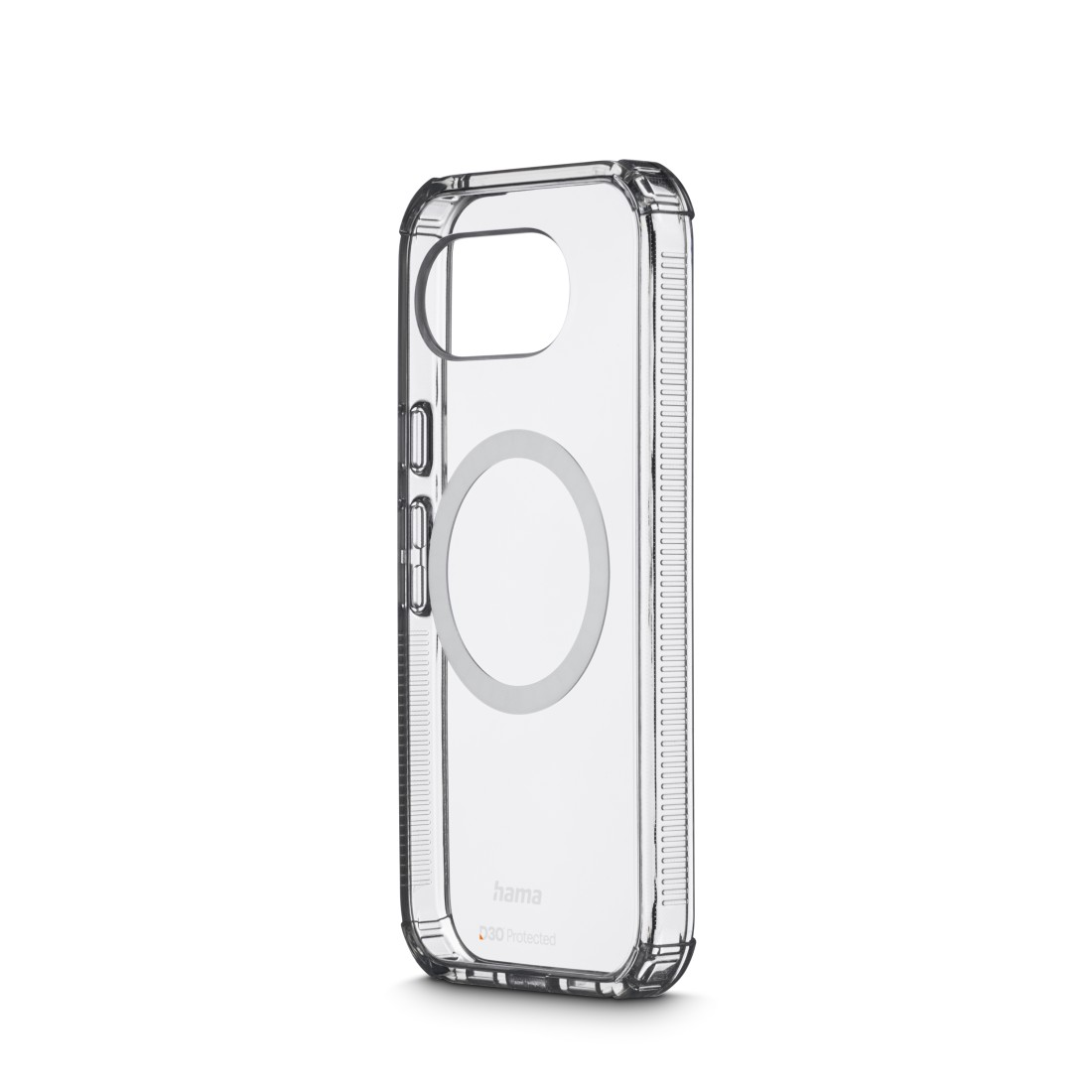 Transparente Hülle mit MagSafe-Ring und "hama"-Logo auf weißem Hintergrund.