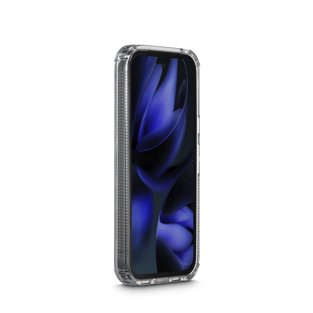 Ein durchsichtiges Handy in einer Schutzhülle mit blauem Hintergrund.