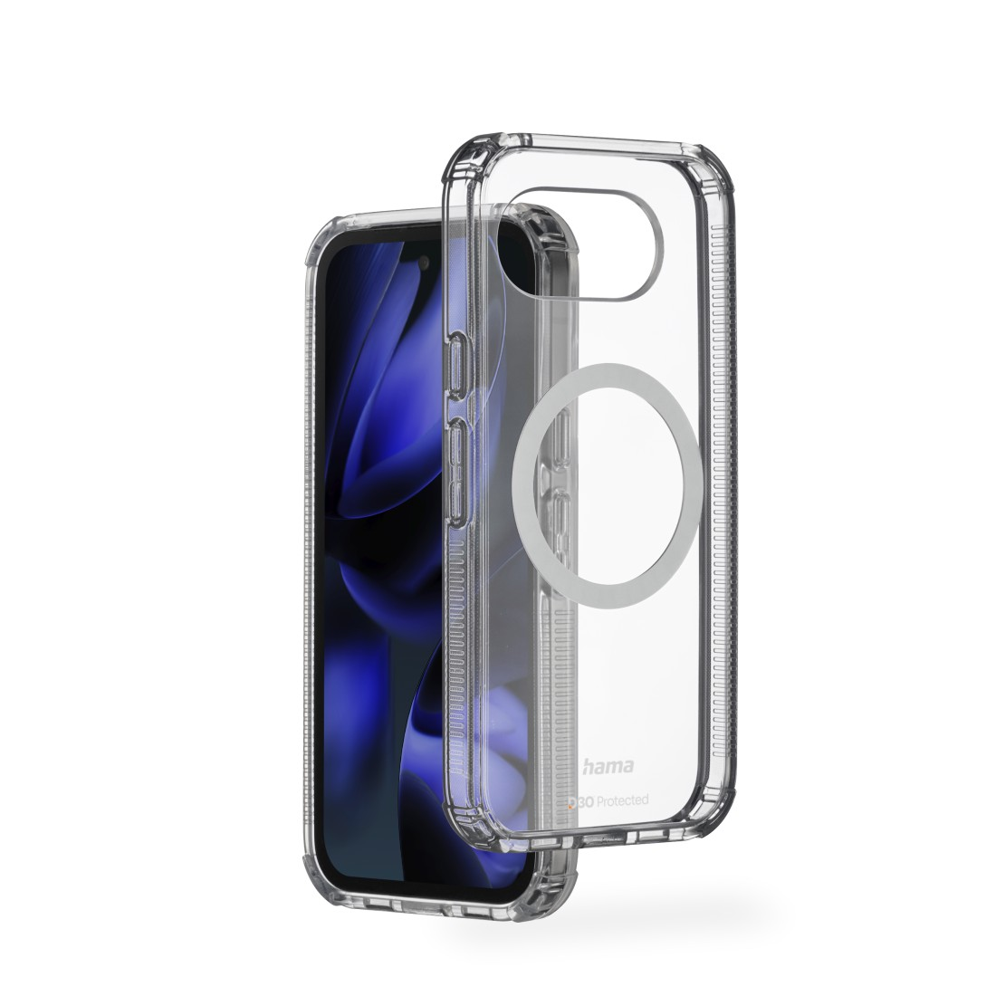 Transparente Handyhülle mit Magnetring auf einem Smartphone mit blauer Tapete.