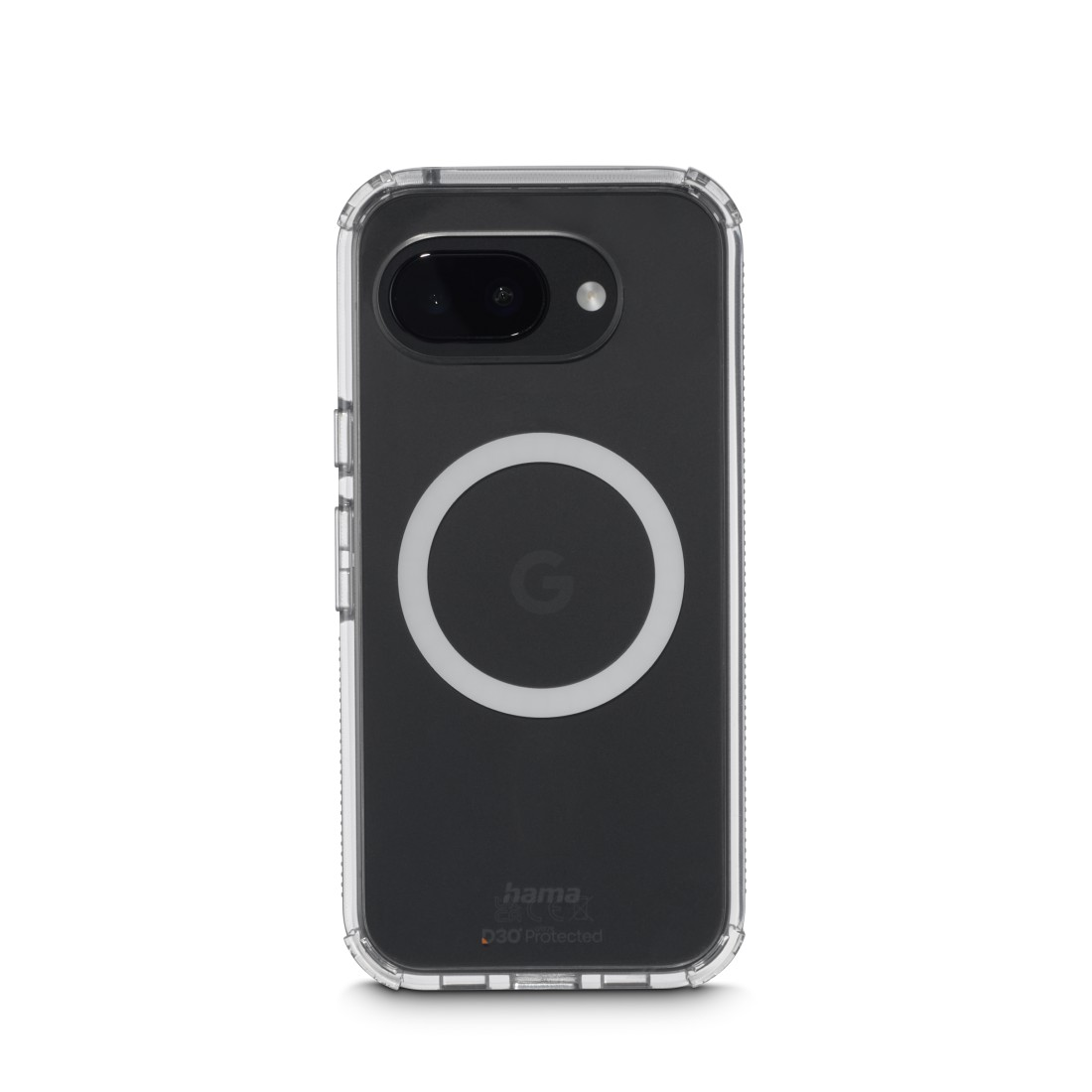 Klare Handyhülle mit weißem Ring und Google-Logo auf schwarzem Handy.
