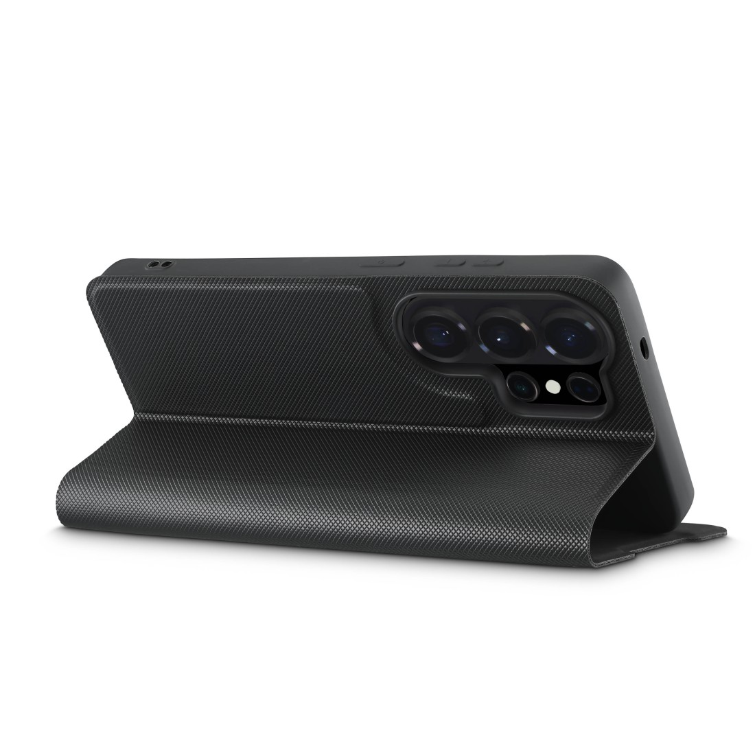Schwarzes Flipcase für ein Smartphone mit Kameramodul auf der Rückseite.